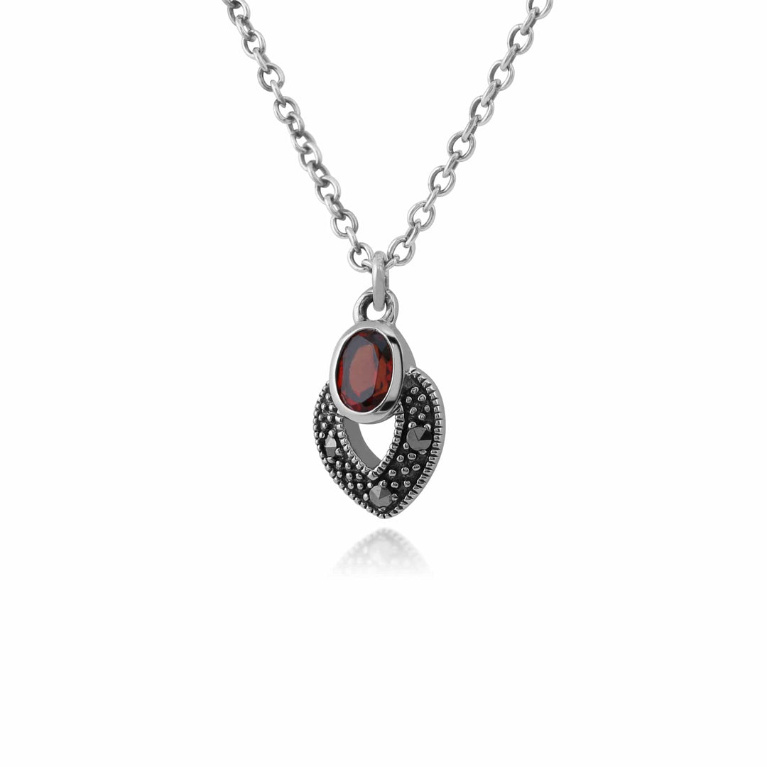 214N688203925 Art Deco Style Oval Garnet & Marcasite Necklace in 925 Sterling Silver 2
