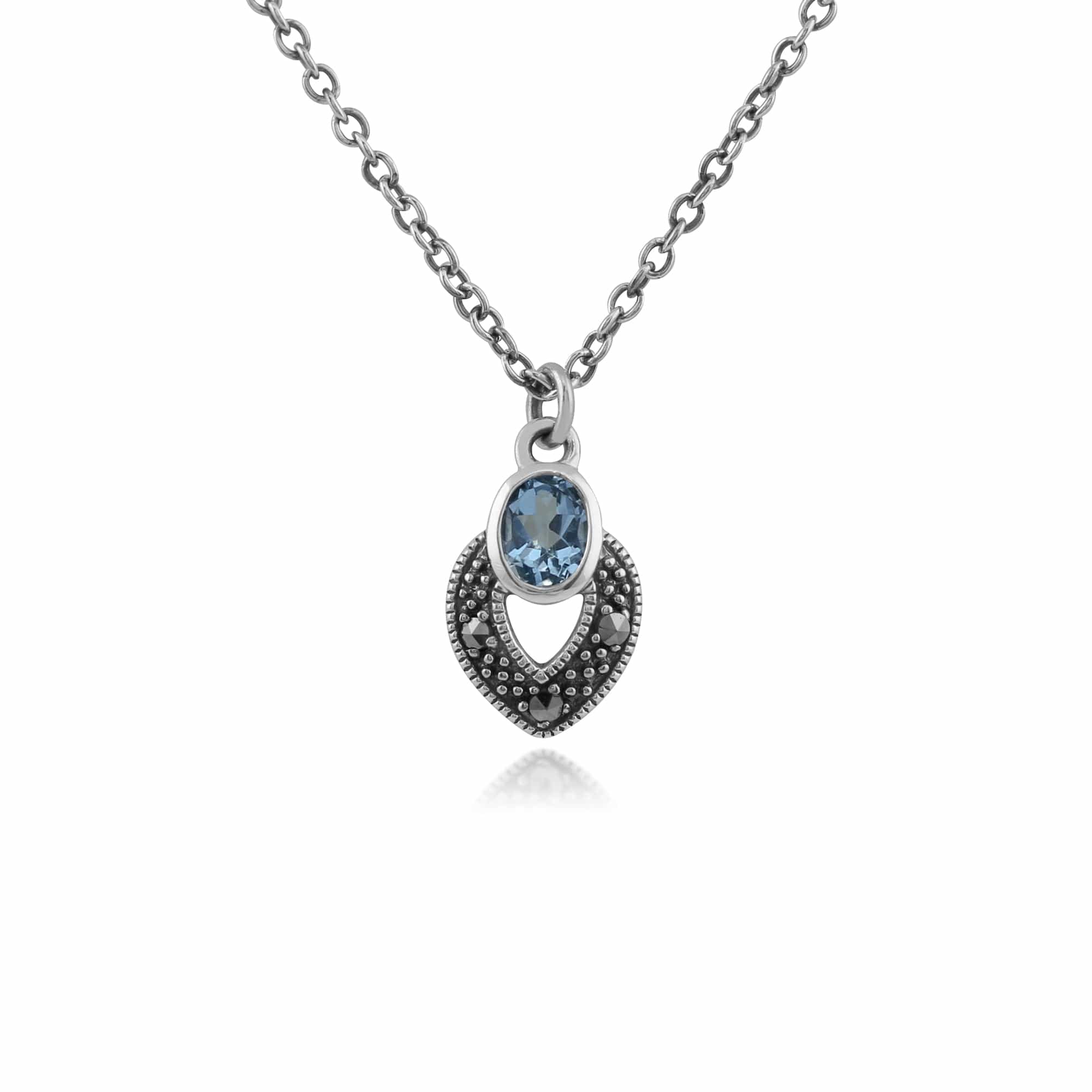 Art Deco Style Oval Aquamarine & Marcasite Necklace in 925 Sterling Silver - Gemondo