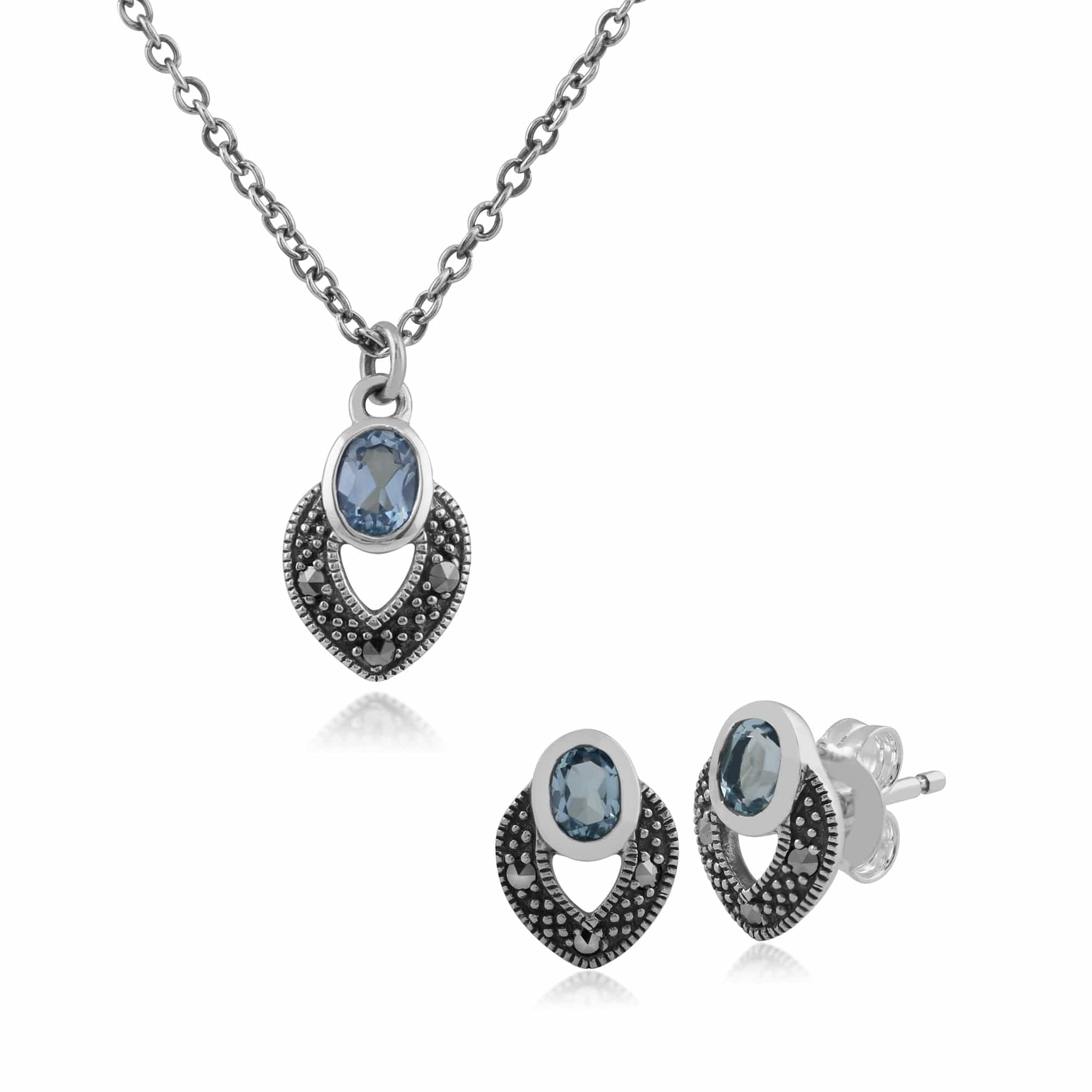 Art Deco Style Oval Blue Topaz & Marcasite Stud Earrings & Pendant Set in 925 Sterling Silver - Gemondo