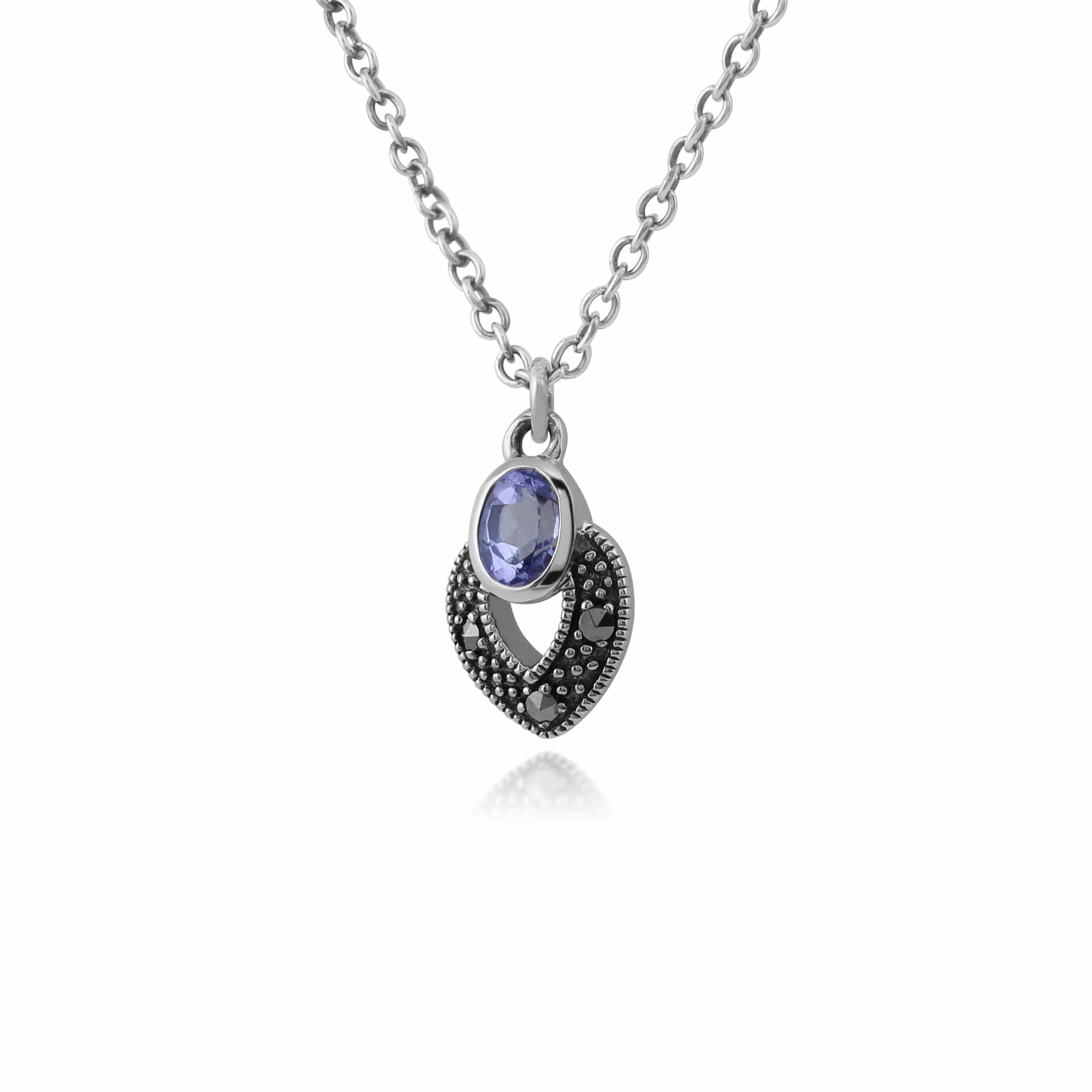 214N688208925 Art Deco Style Oval Tanzanite & Marcasite Necklace in 925 Sterling Silver 2