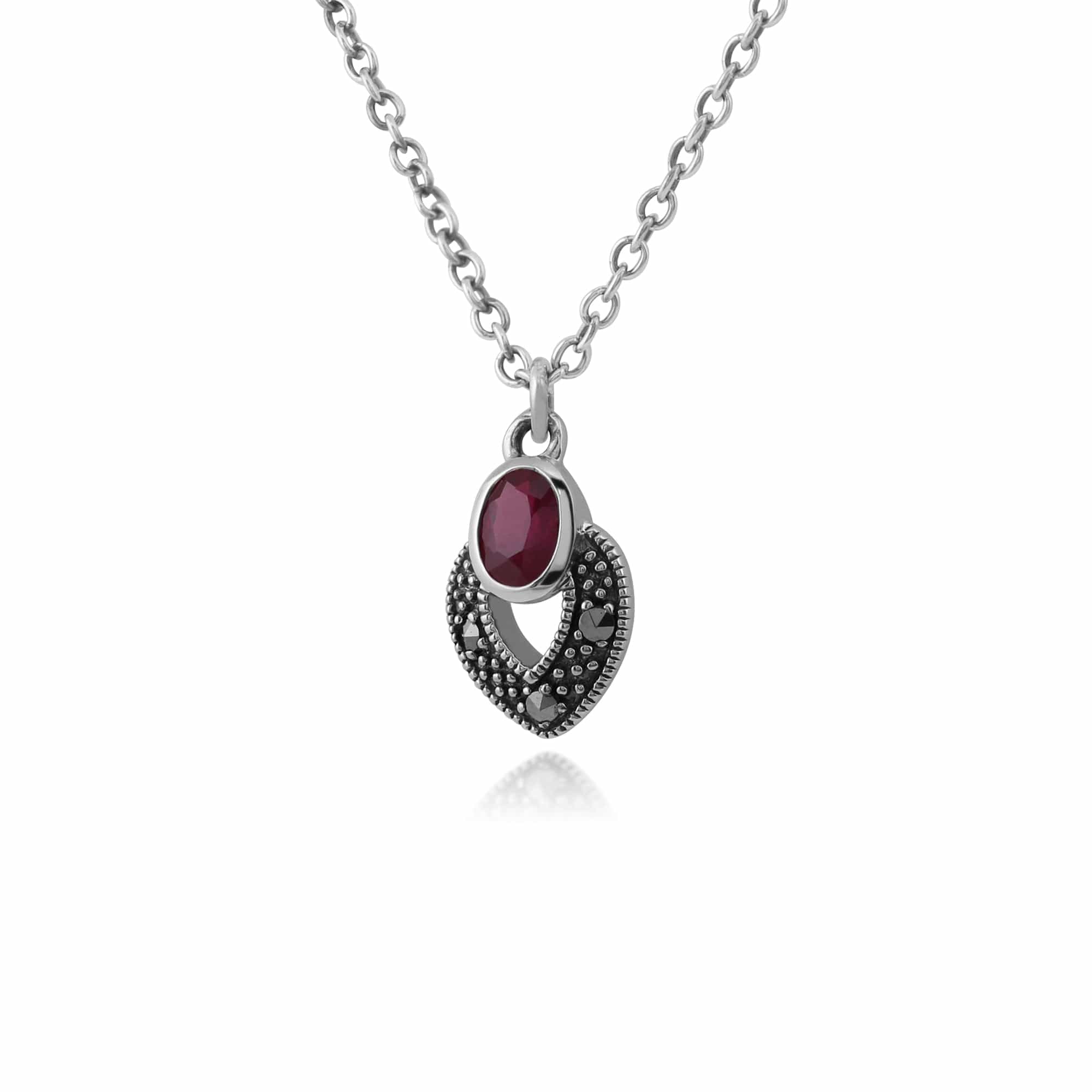 Art Deco Style Oval Ruby & Marcasite Necklace in 925 Sterling Silver - Gemondo