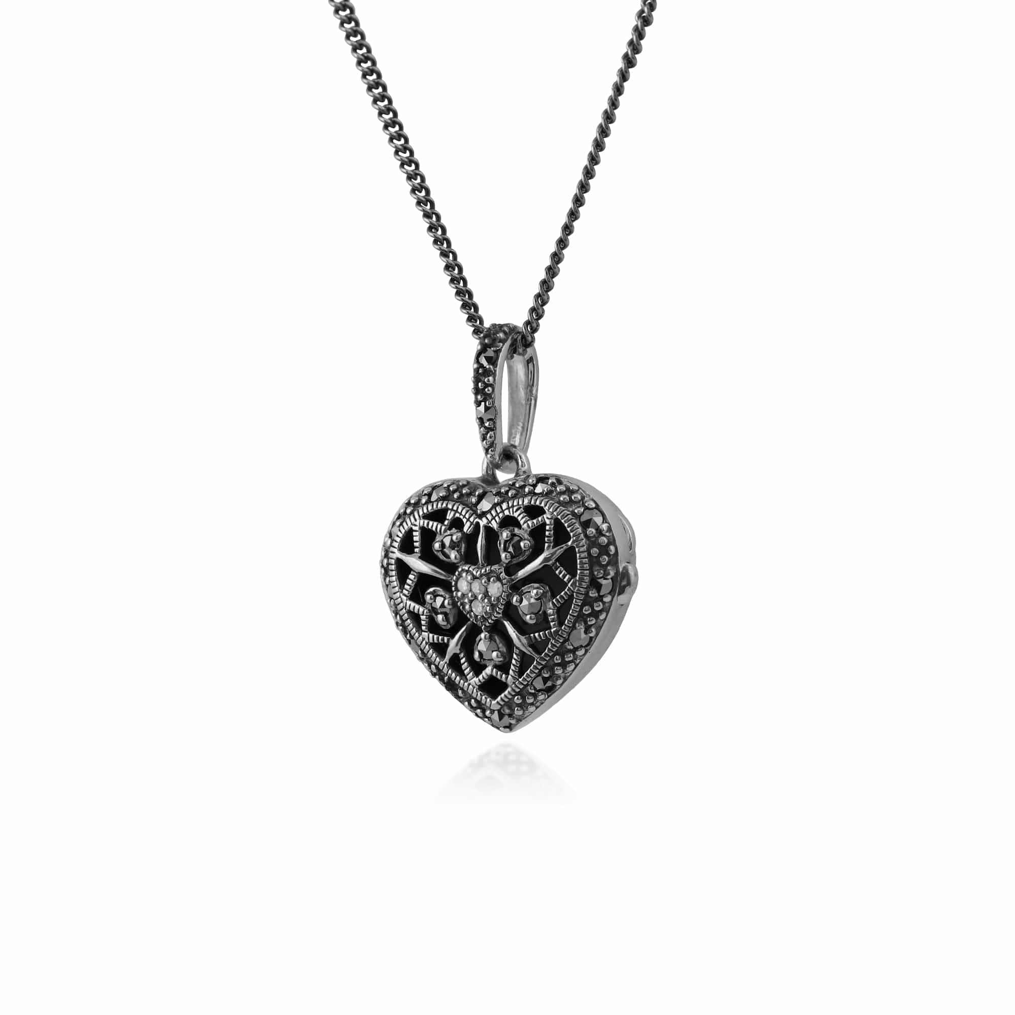 Art Nouveau Style Round Diamond & Marcasite Heart Necklace in 925 Sterling Silver - Gemondo