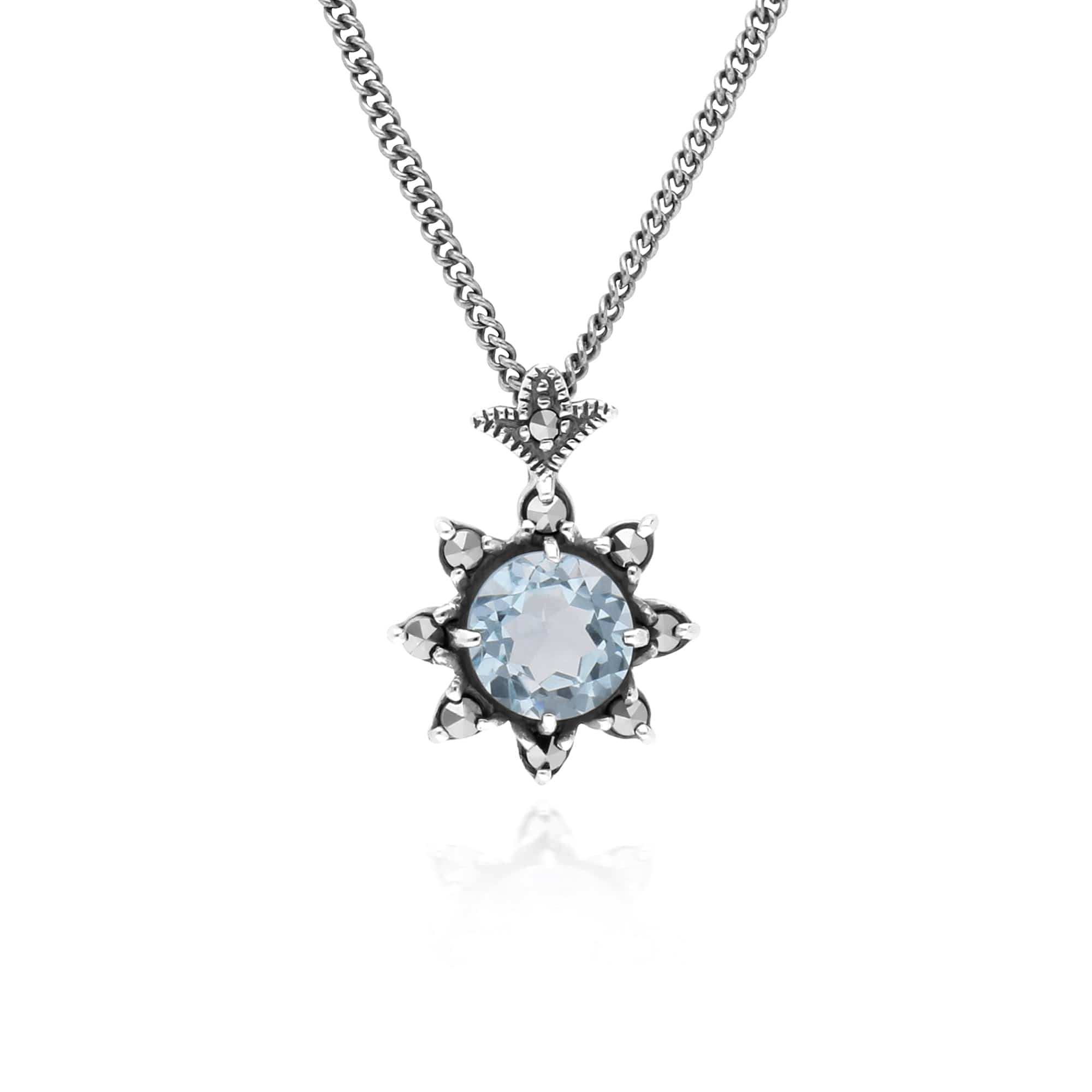214N696001925 Floral Round Blue Topaz & Marcasite Pendant in 925 Sterling Silver 1