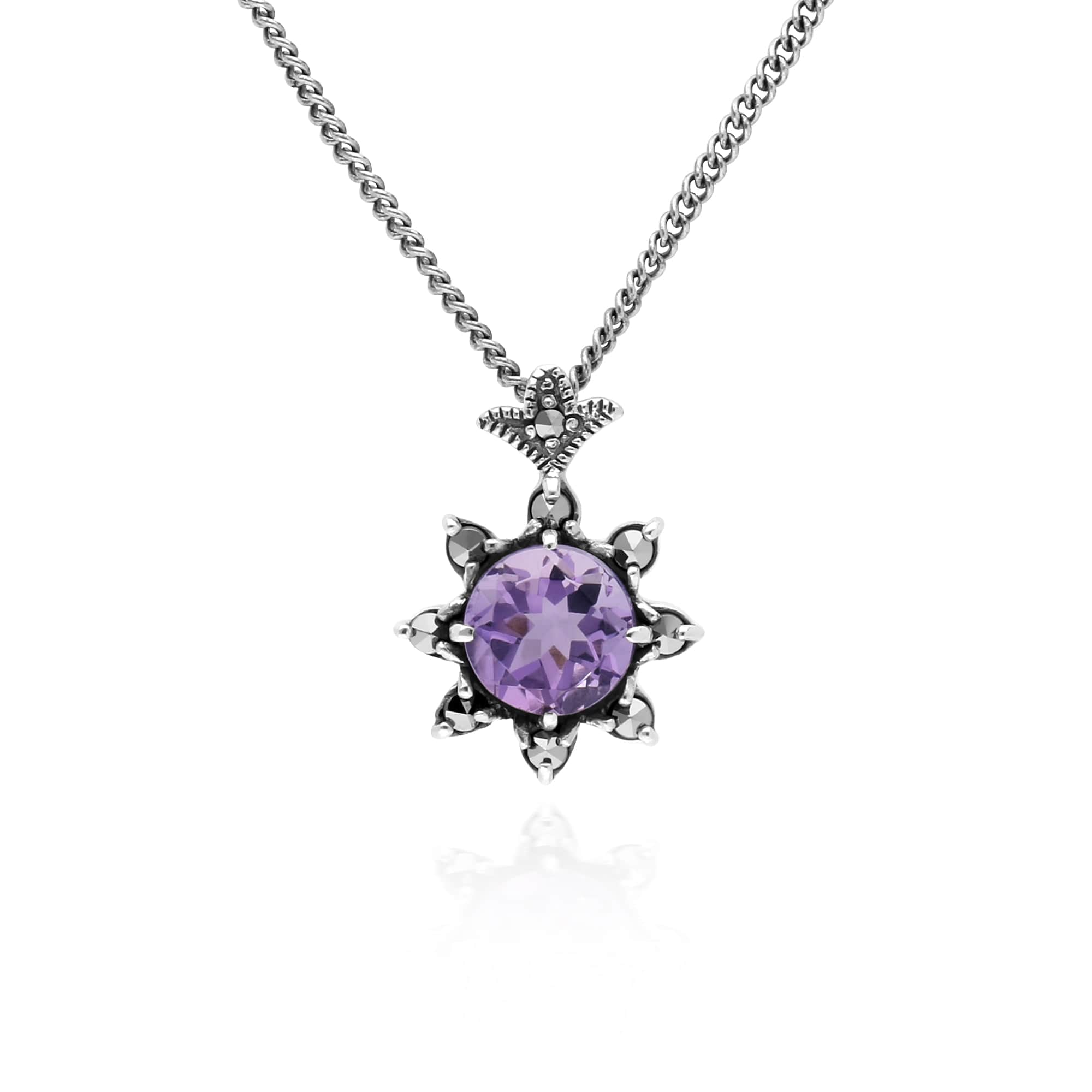 214N696002925-214R599502925 Art Nouveau Style Style Round Amethyst & Marcasite Starburst Pendant & Ring Set in 925 Sterling Silver 2