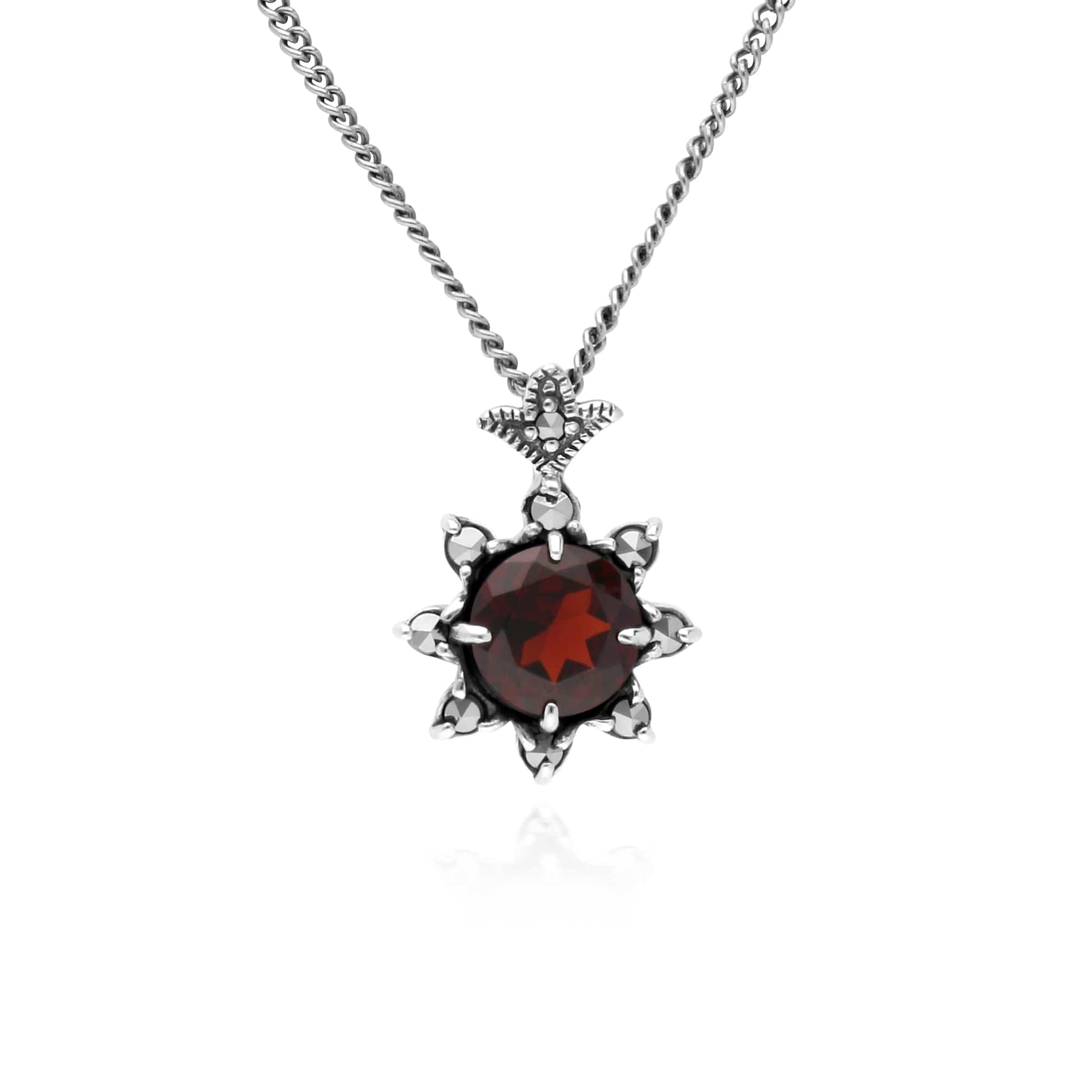 214N696003925-214R599503925 Art Nouveau Style Style Round Garnet & Marcasite Starburst Pendant & Ring Set in 925 Sterling Silver 2
