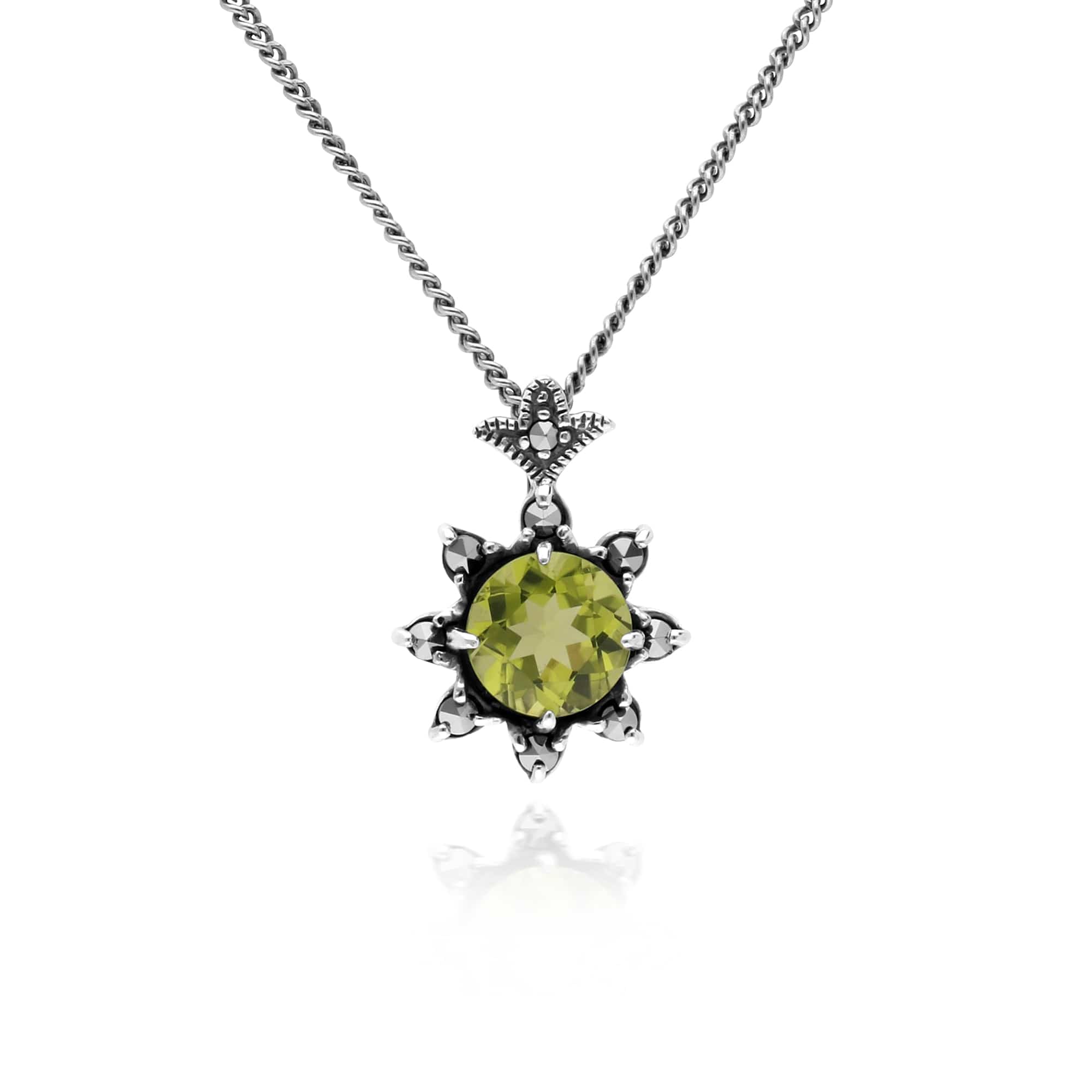 214N696004925-214R599504925 Art Nouveau Style Style Round Peridot & Marcasite Starburst Pendant & Ring Set in 925 Sterling Silver 2