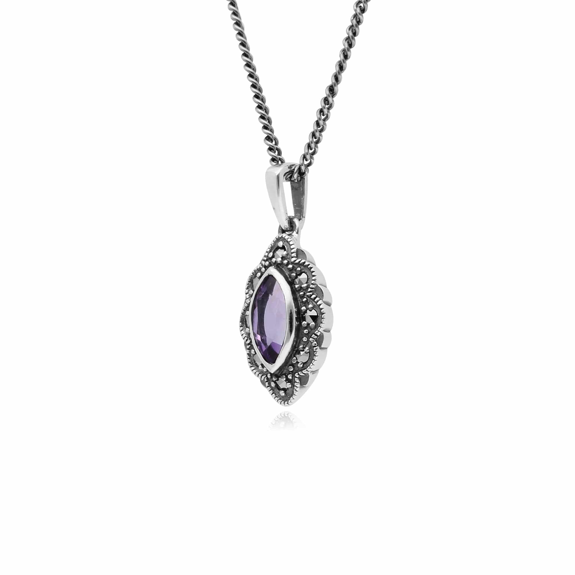 Art Deco Marquise Amethyst & Marcasite Pendant in 925 Sterling Silver
