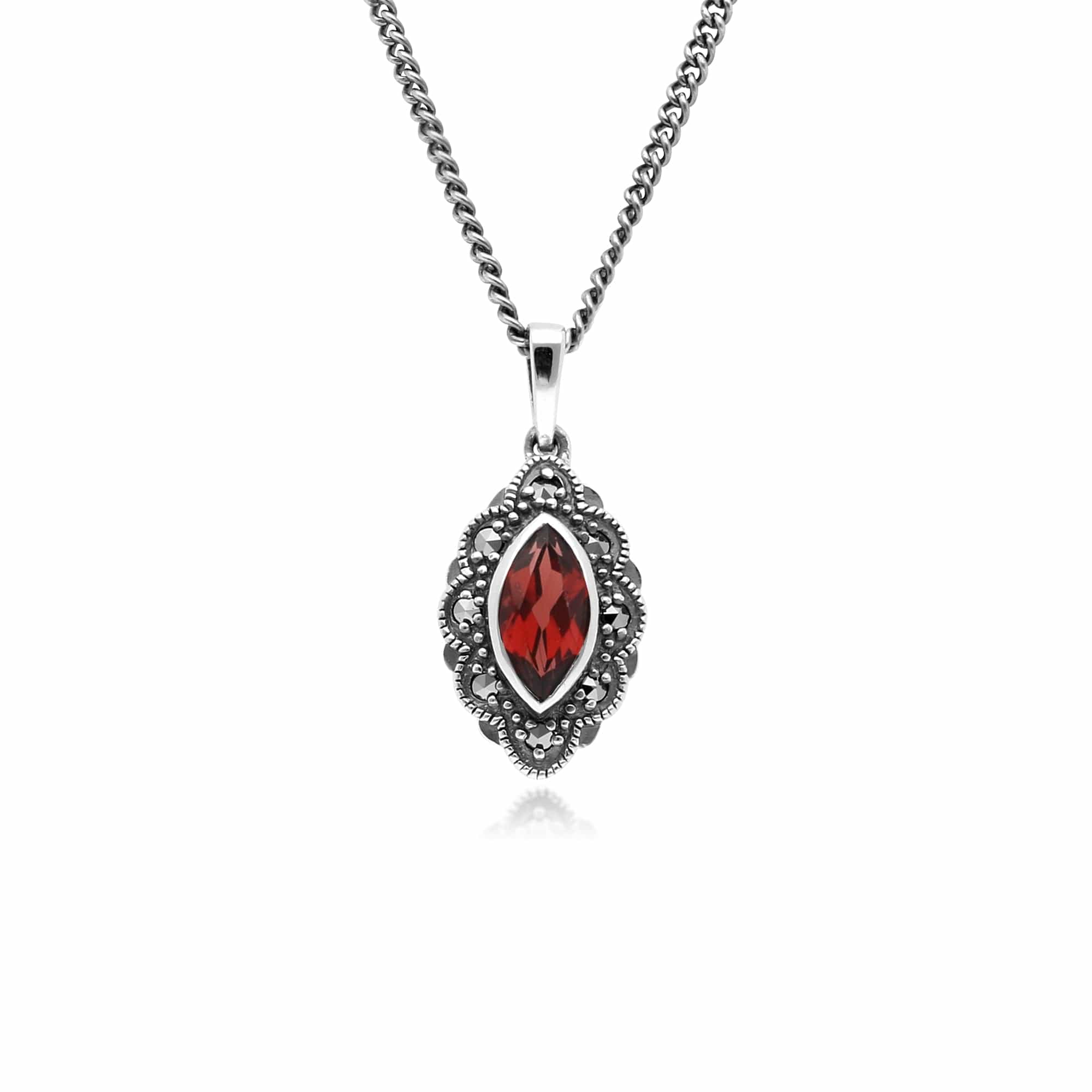 214N696103925 Art Deco Style Marquise Garnet & Marcasite Pendant in 925 Sterling Silver 1