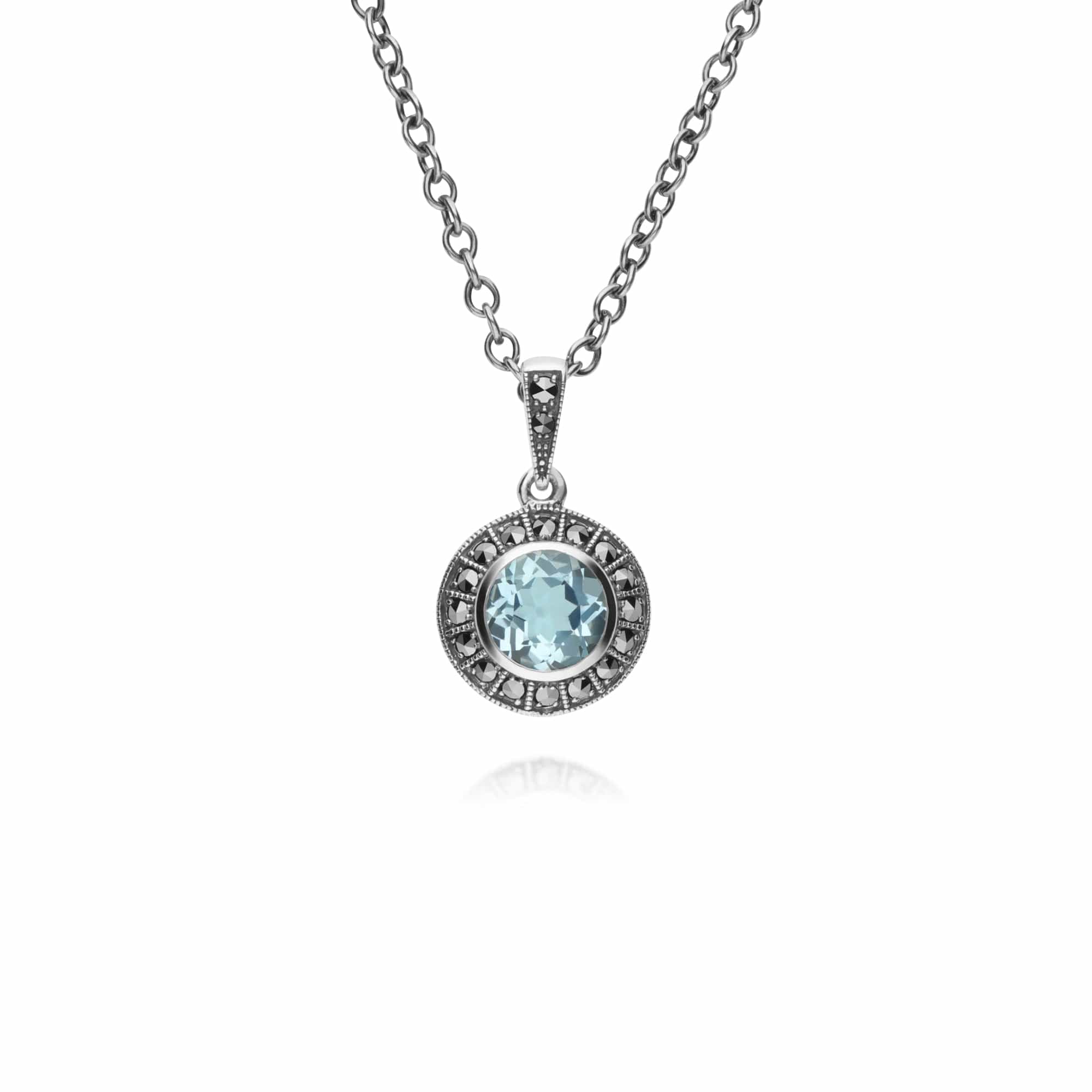 214N707302925-214R605602925 Art Deco Style Round Blue Topaz and Marcasite Cluster Silver  Ring & Pendant Set 2