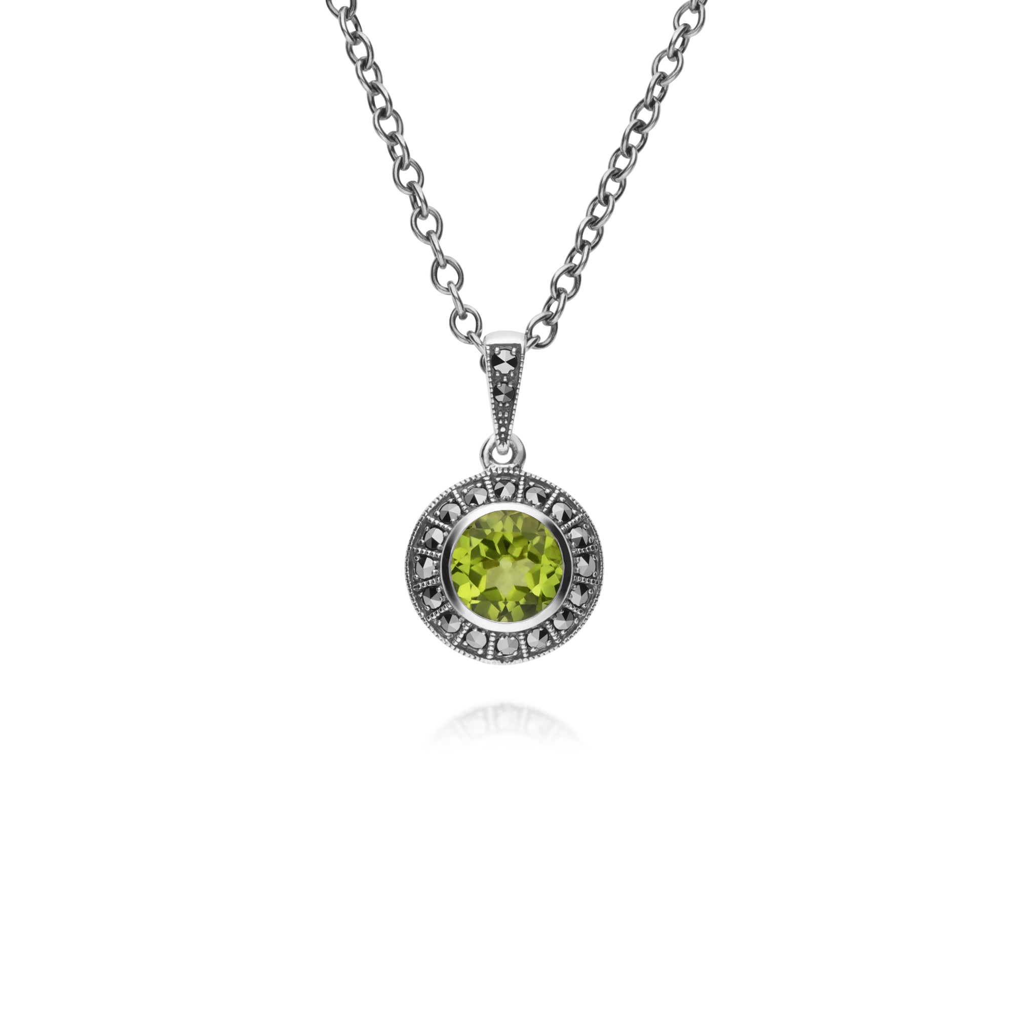 214N707304925-214R605604925 Art Deco Style Round Peridot and Marcasite Cluster Rings & Pendant Set in 925 Sterling Silver 2