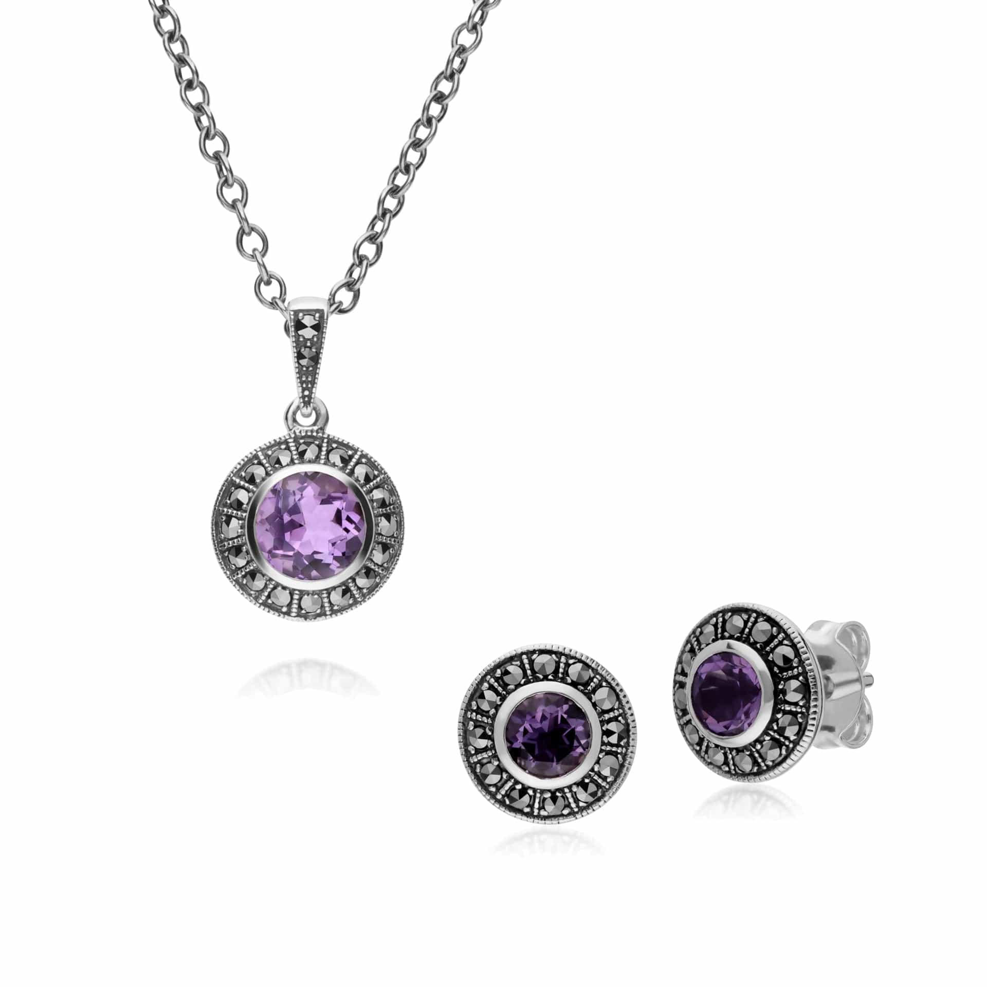 214E872701925-214N707301925 Art Deco Style Round Amethyst and Marcasite Cluster Stud Earrings & Pendant Set in 925 Sterling Silver 1
