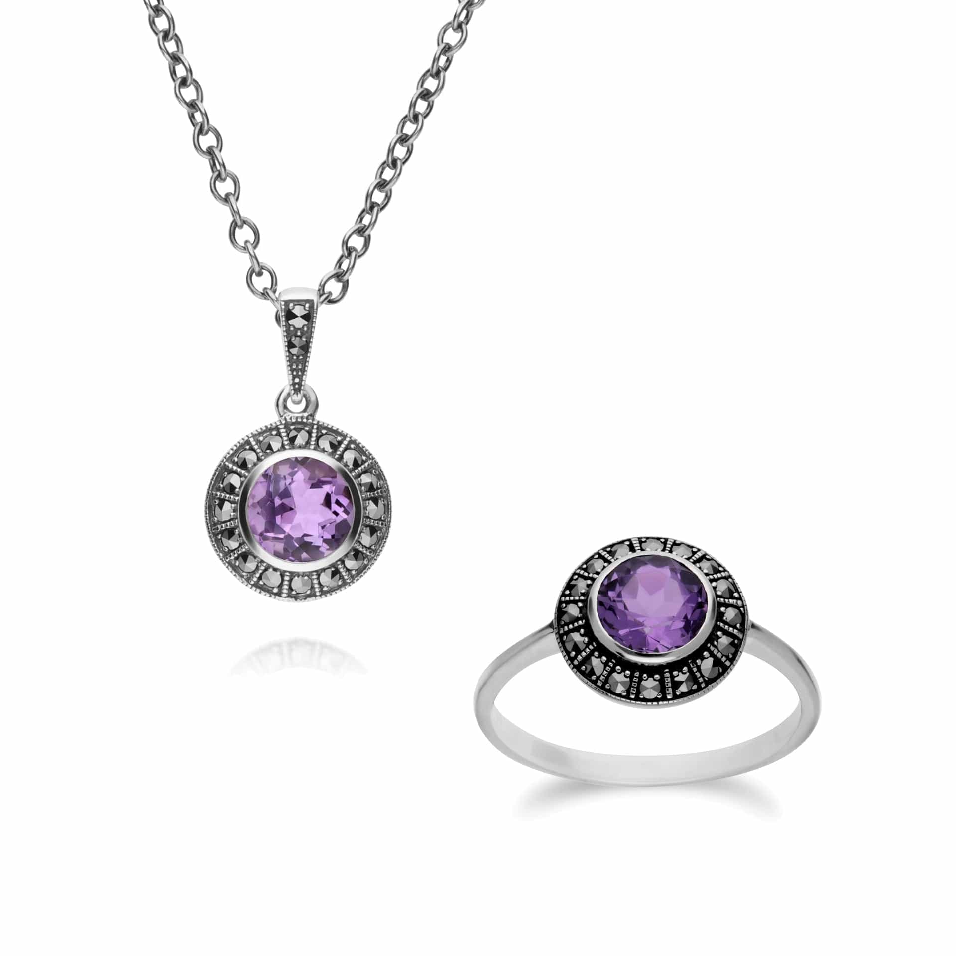 214N707301925-214R605601925 Art Deco Style Round Amethyst and Marcasite Cluster Ring & Pendant Set in 925 Sterling Silver 1