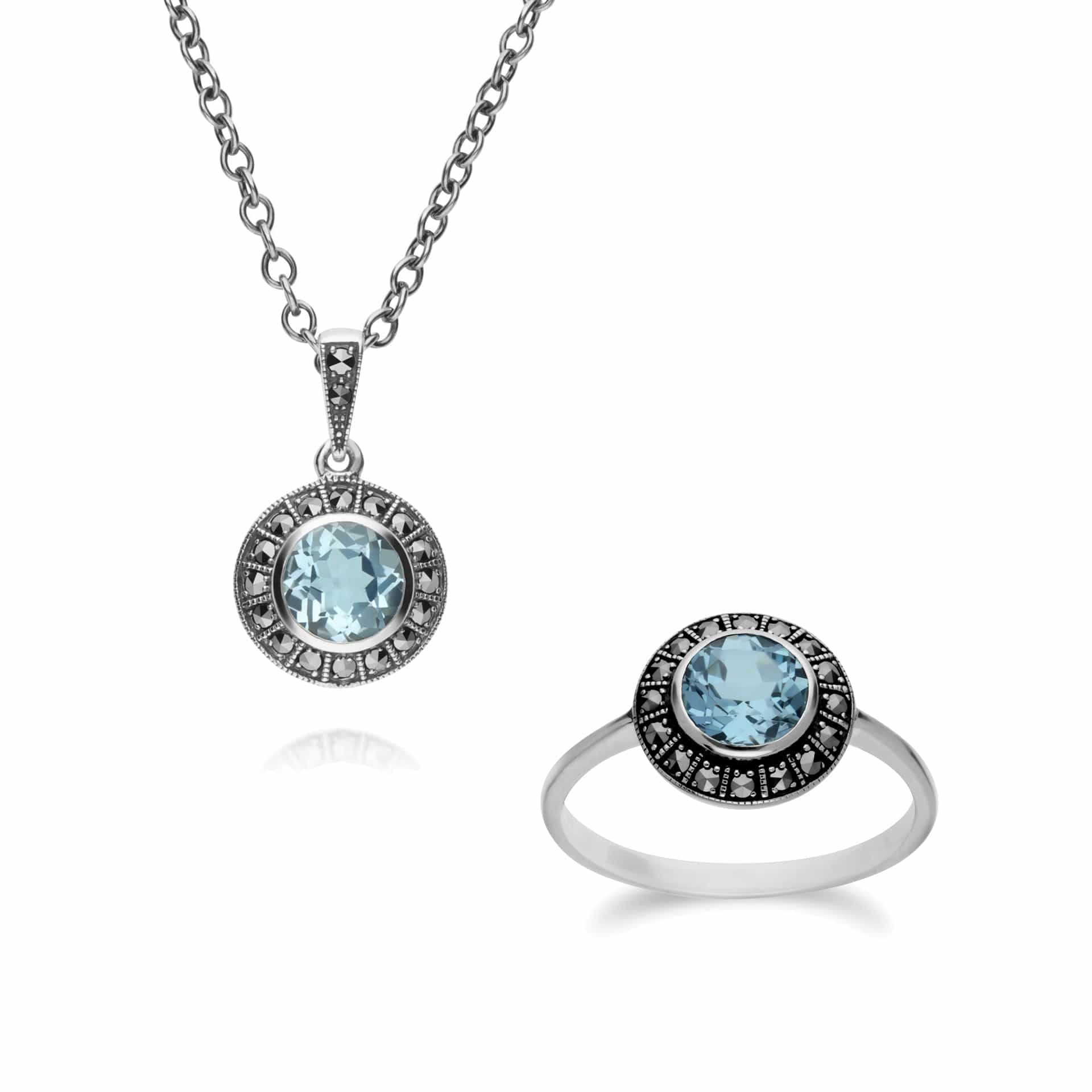 214N707302925-214R605602925 Art Deco Style Round Blue Topaz and Marcasite Cluster Silver  Ring & Pendant Set 1