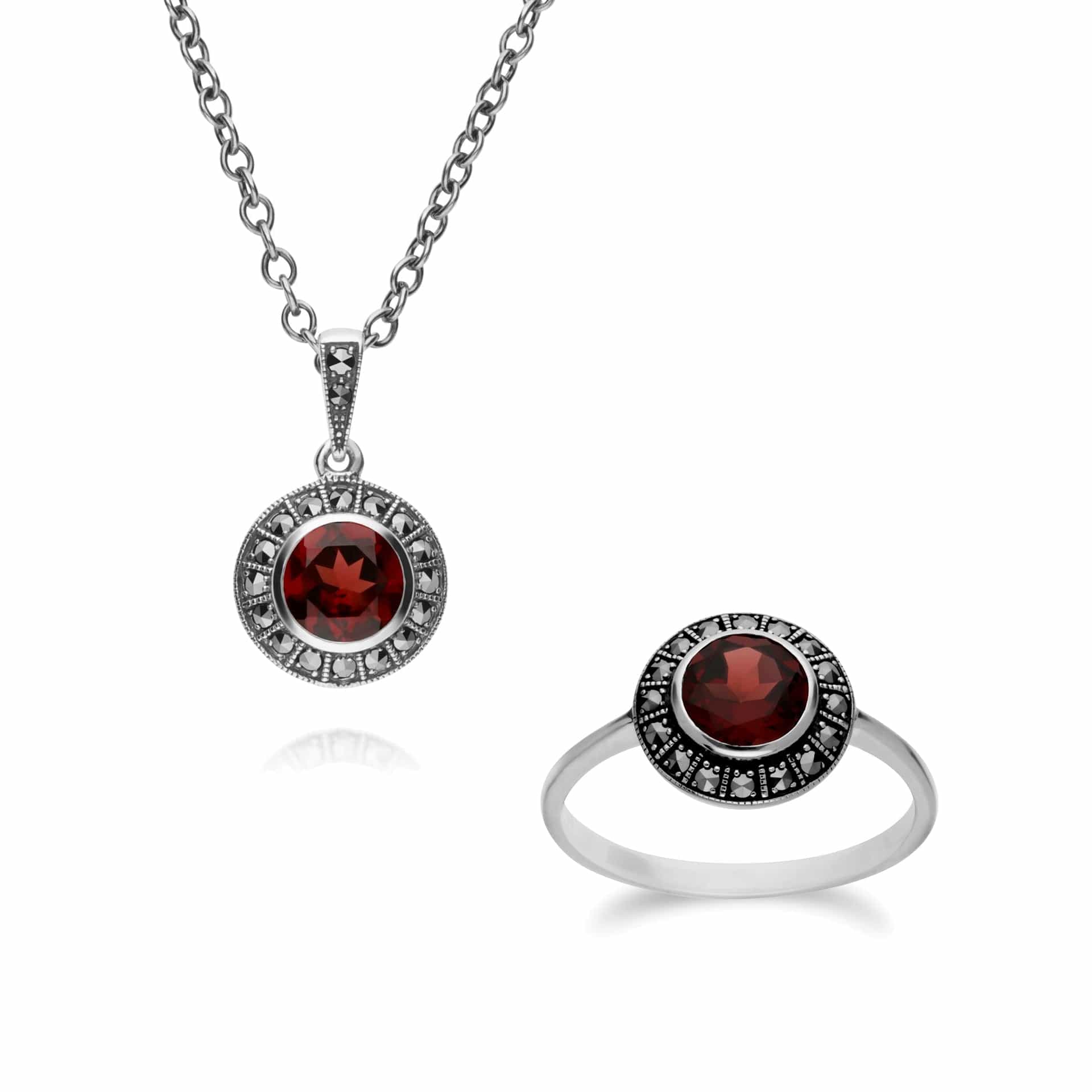 214N707303925-214R605603925 Art Deco Style Round Garnet and Marcasite Cluster Ring & Pendant Set 1