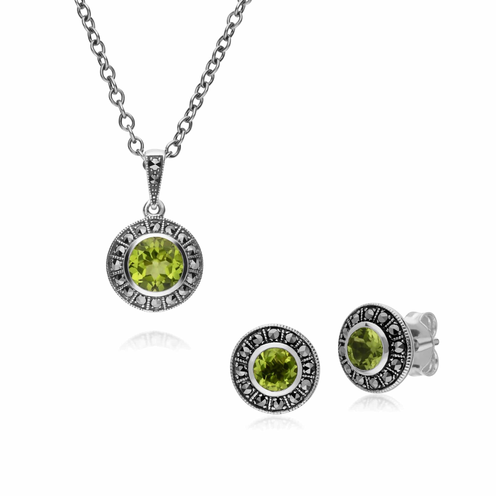 214E872704925-214N707304925 Art Deco Style Round Peridot and Marcasite Cluster Stud Earrings & Pendant Set in 925 Sterling Silver 1