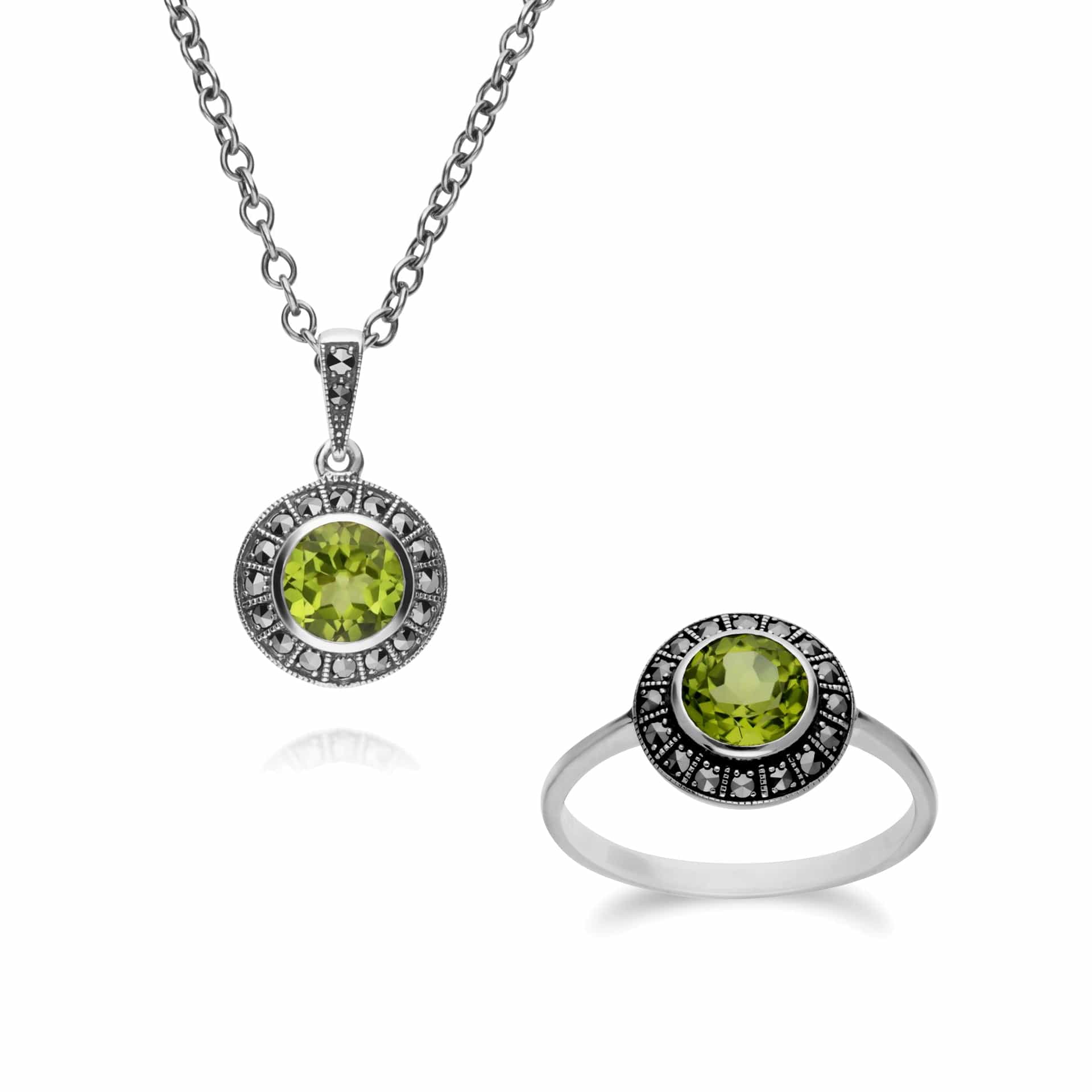 214N707304925-214R605604925 Art Deco Style Round Peridot and Marcasite Cluster Rings & Pendant Set in 925 Sterling Silver 1