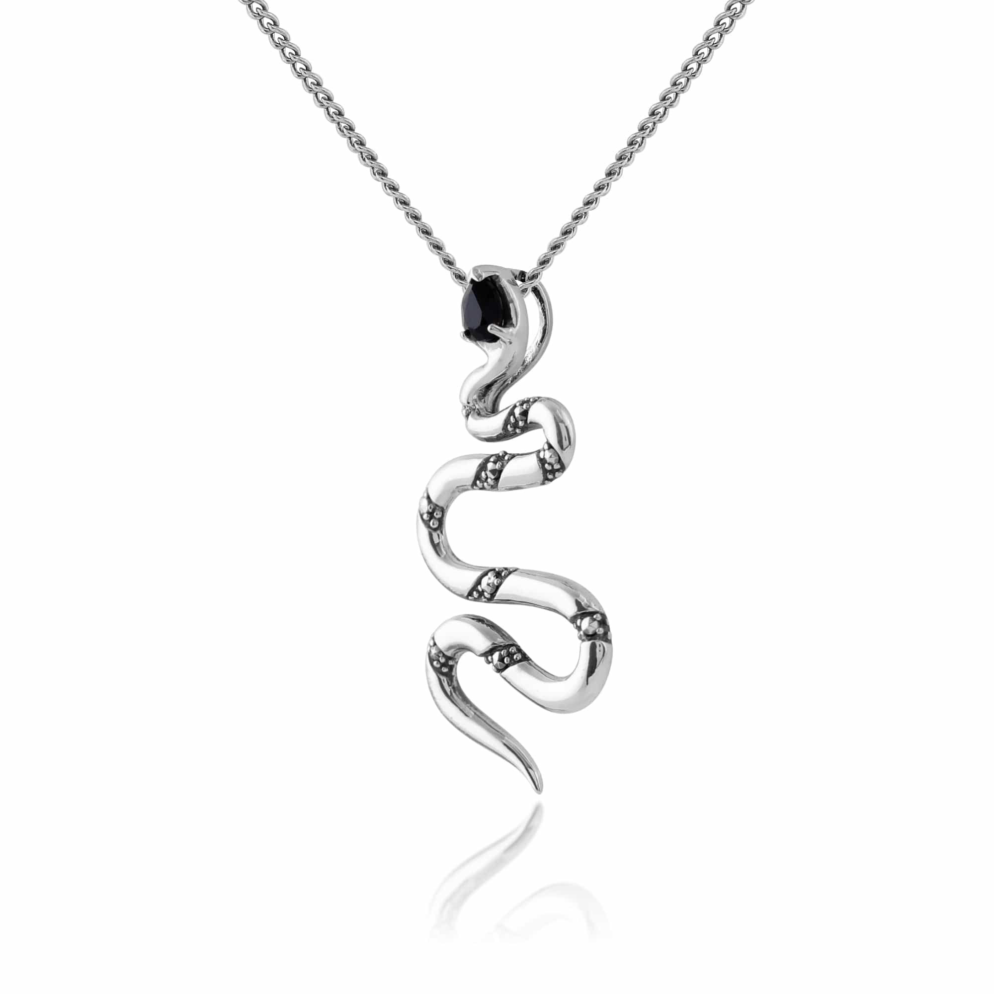 Art Deco Style Pear Black Spinel & Marcasite Snake Necklace in 925 Sterling Silver - Gemondo