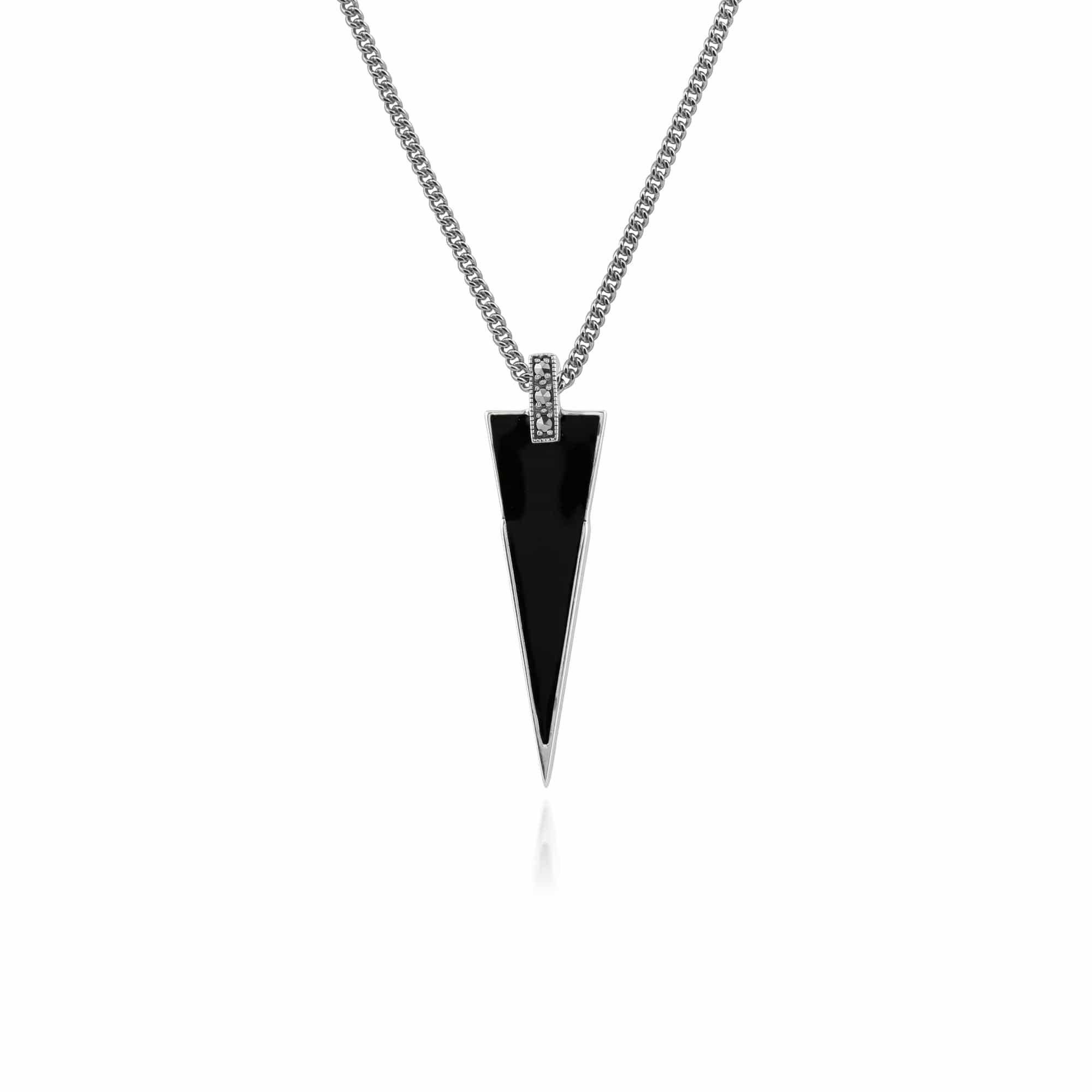 Art Deco Style Black Enamel & Round Marcasite Triangle Pendant in 925 Sterling Silver - Gemondo