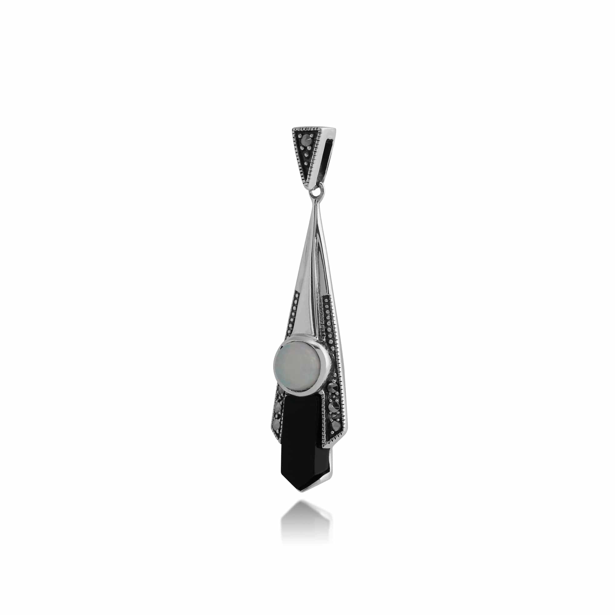 Art Deco Style Round Opal, Black Onyx & Marcasite Fan Drop Pendant in 925 Sterling Silver - Gemondo