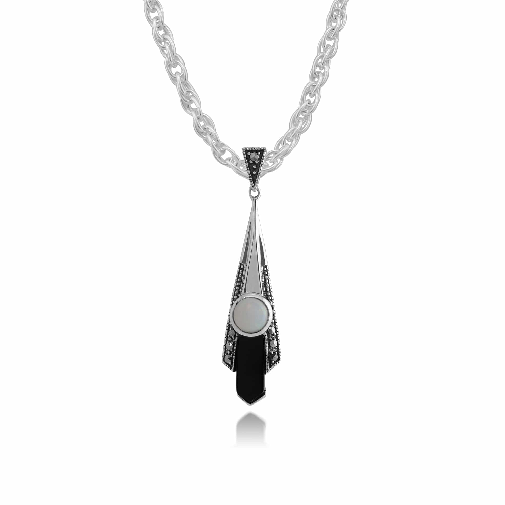 Art Deco Style Round Opal, Black Onyx & Marcasite Fan Drop Pendant in 925 Sterling Silver - Gemondo