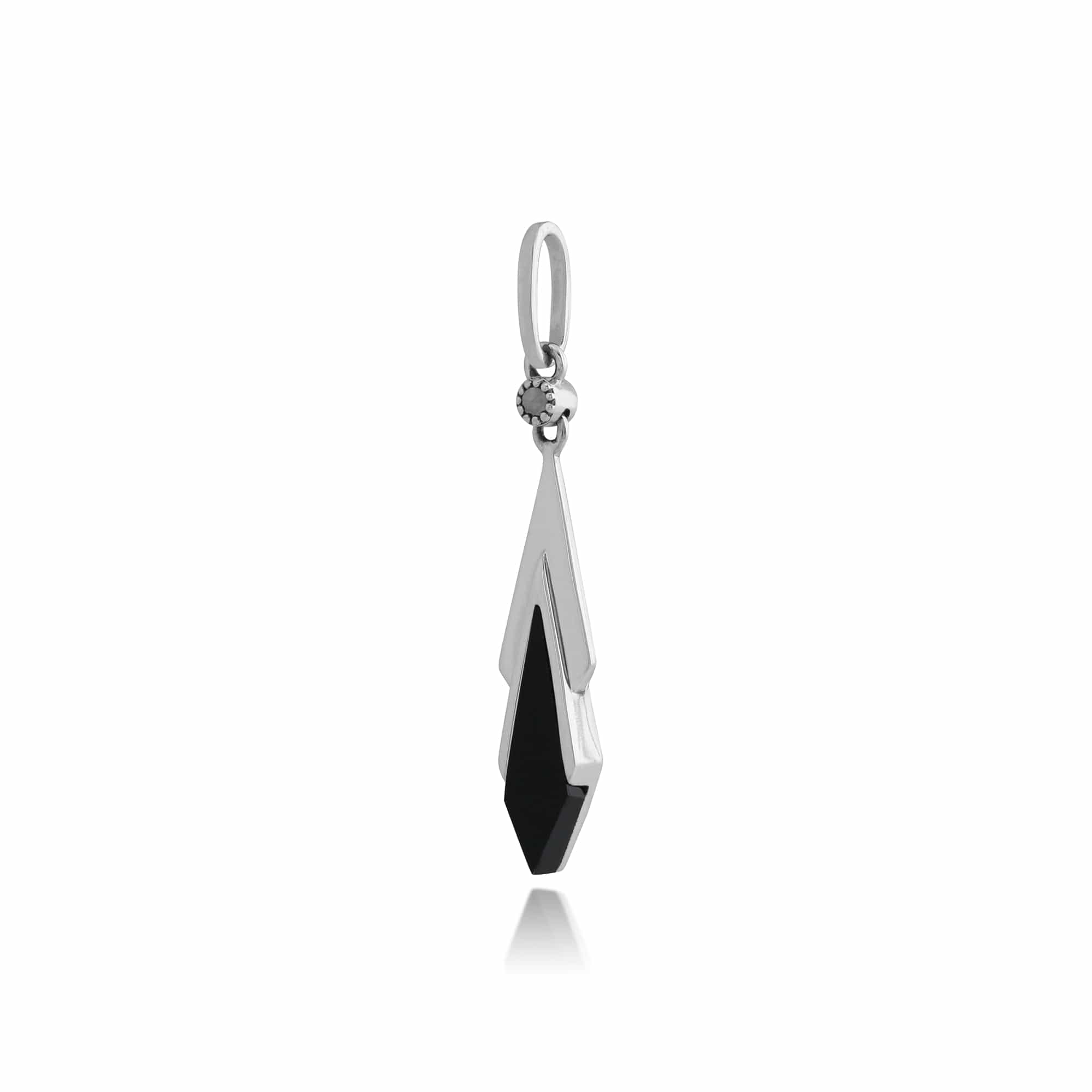 Art Deco Style Black Onyx & Marcasite Kite Drop Pendant in 925 Sterling Silver - Gemondo