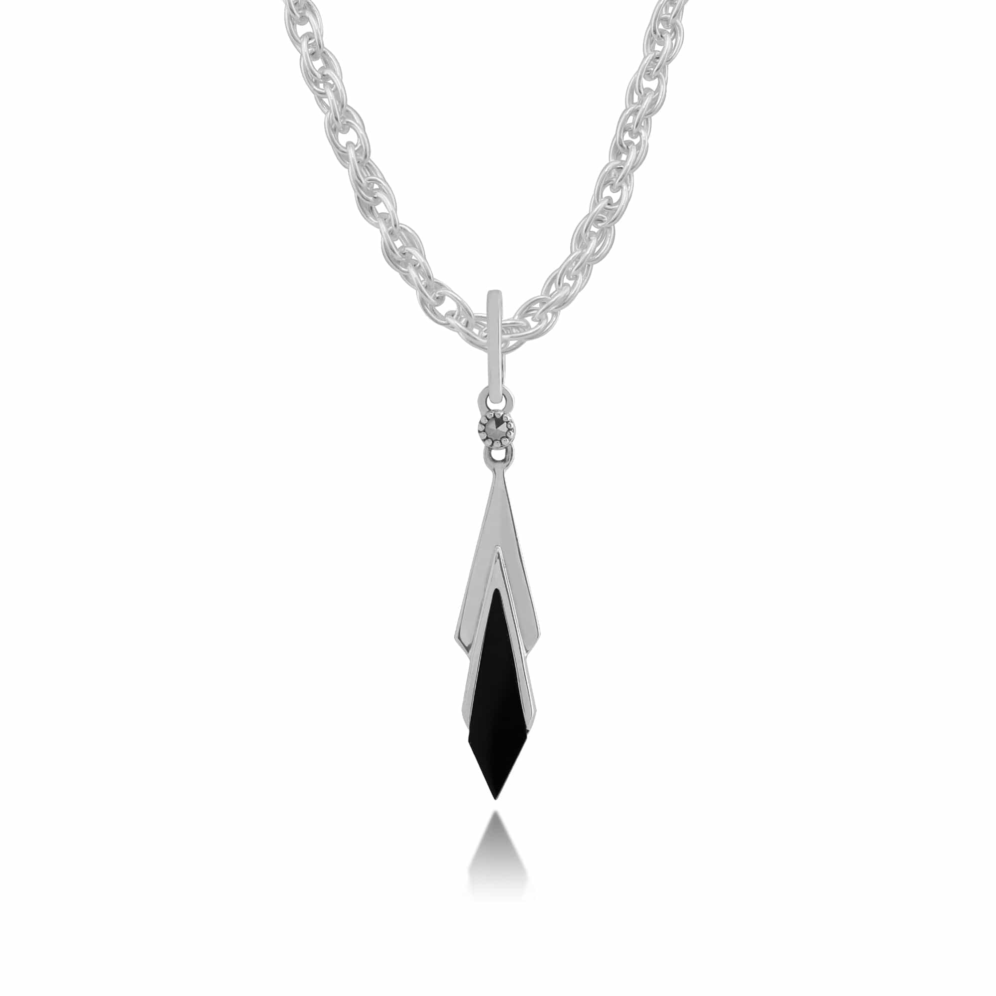 Art Deco Style Black Onyx & Marcasite Kite Drop Pendant in 925 Sterling Silver - Gemondo