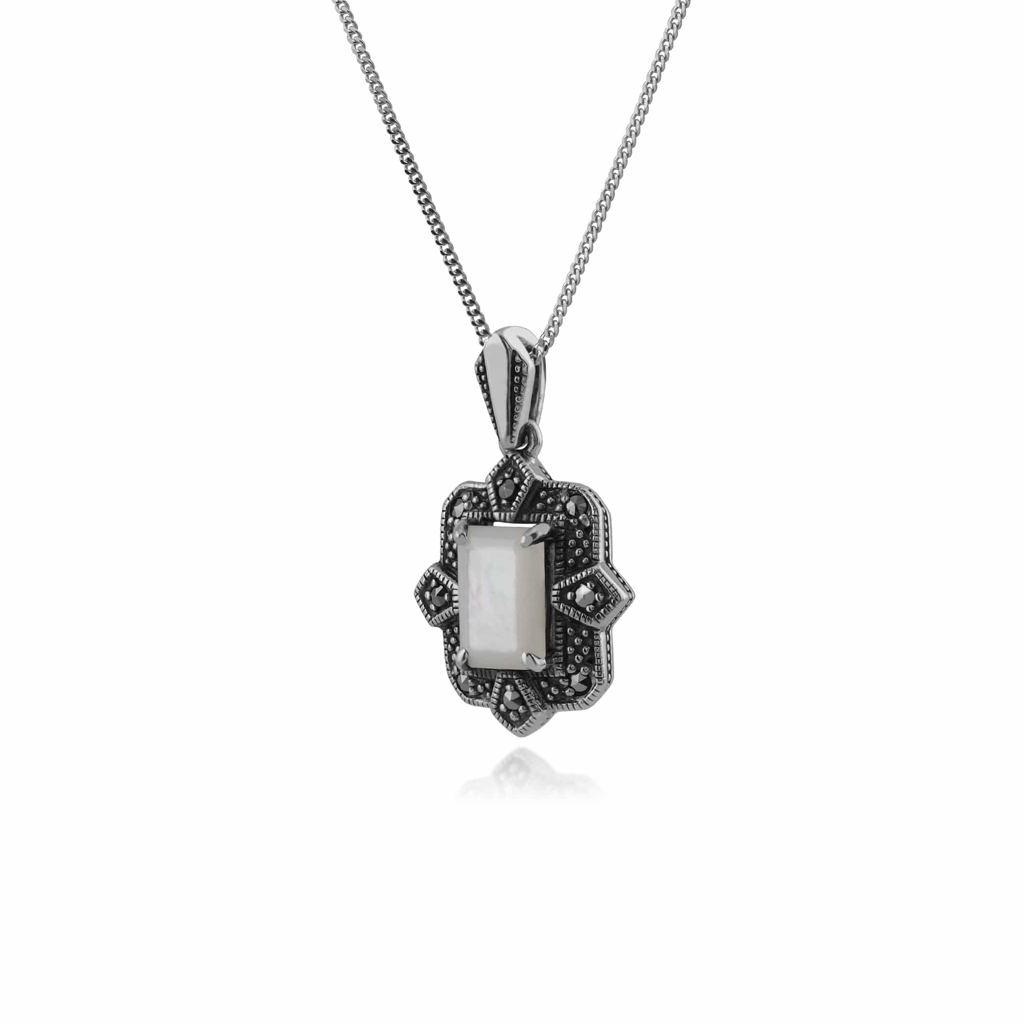 Art Deco Style Octagon Mother of Pearl & Marcasite Pendant in 925 Sterling Silver - Gemondo