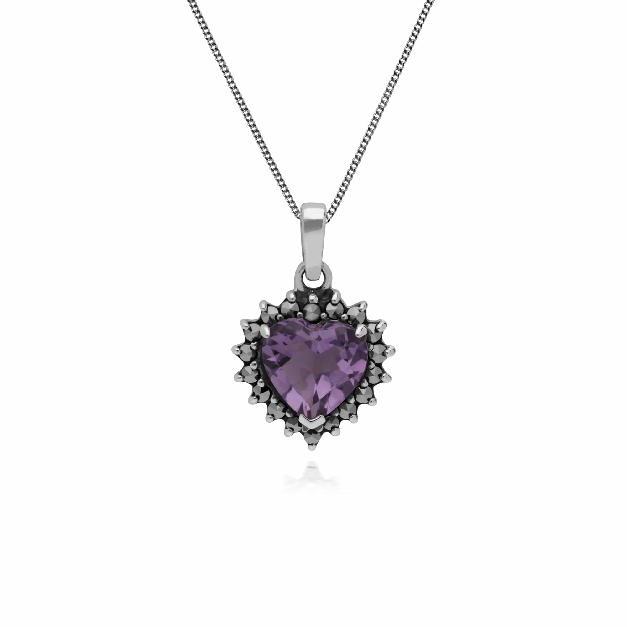 214P301202925 Art Deco Style Heart Amethyst & Marcasite Halo Pendant in 925 Sterling Silver 1