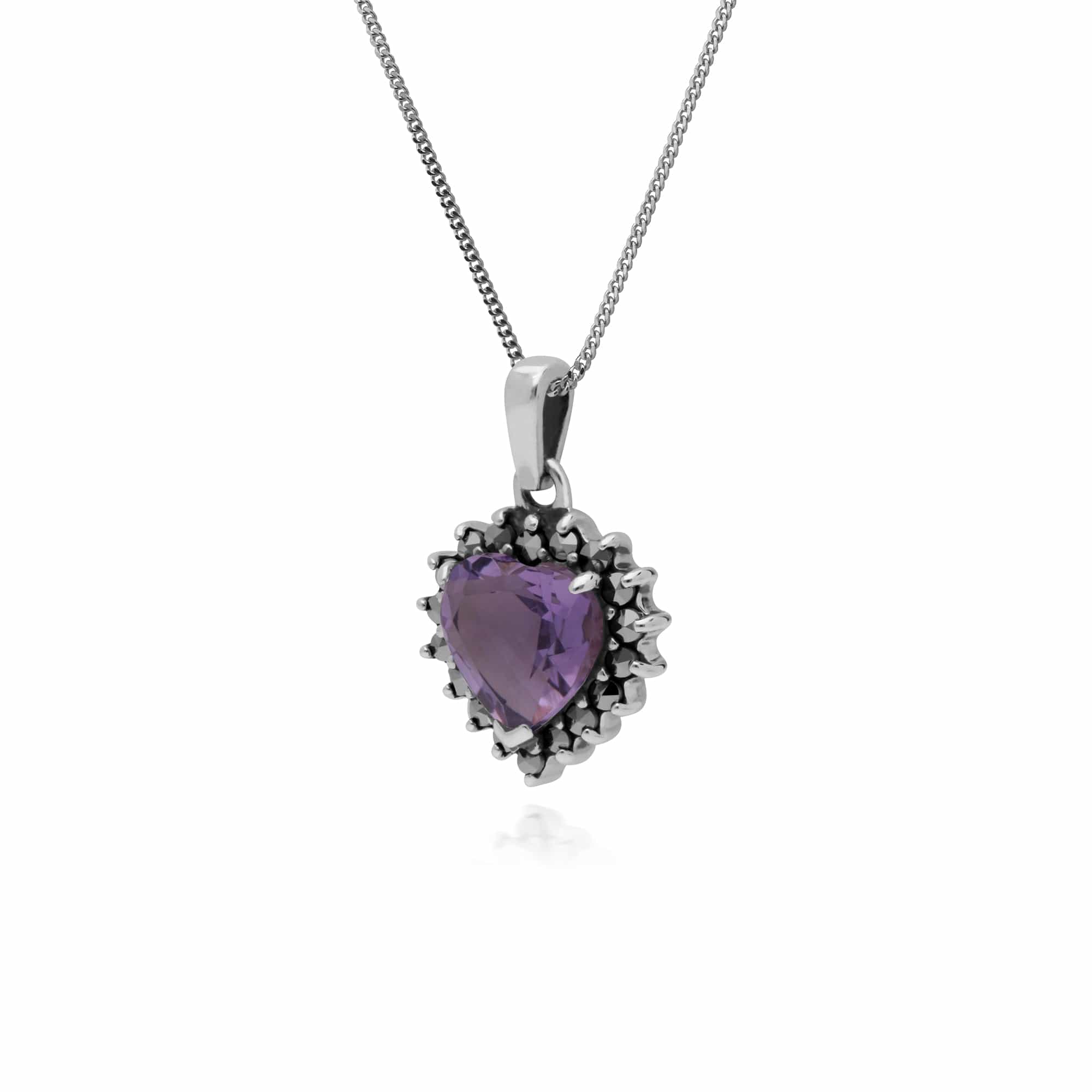 214P301202925 Art Deco Style Heart Amethyst & Marcasite Halo Pendant in 925 Sterling Silver 2