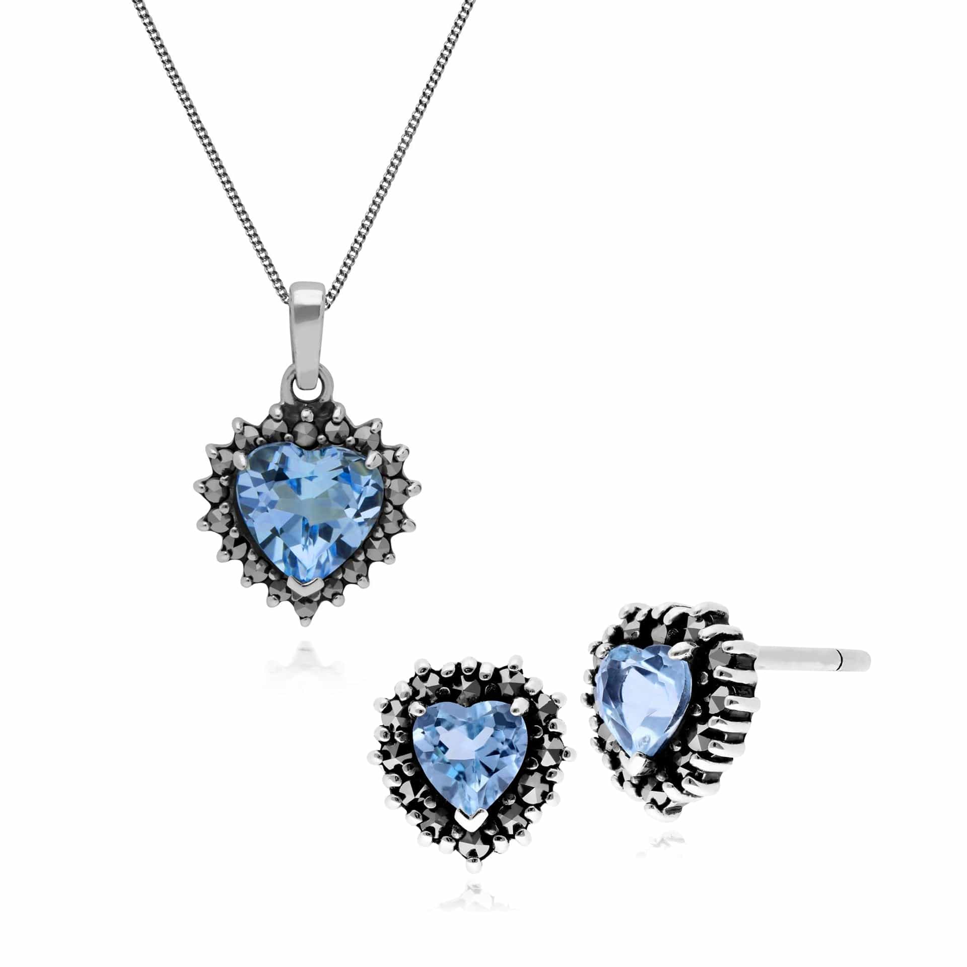 214E725705925-214P301203925 Art Deco Style Blue Topaz & Marcasite Heart Stud Earrings & Necklace Set in 925 Sterling Silver 1
