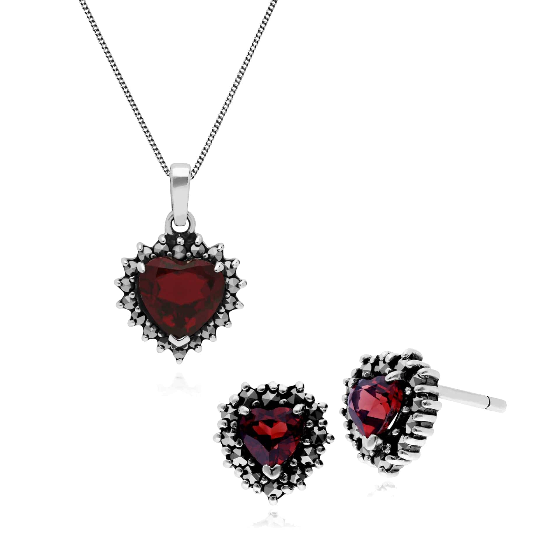 Art Deco Garnet & Marcasite Heart Stud Earrings & Necklace Set Image 1