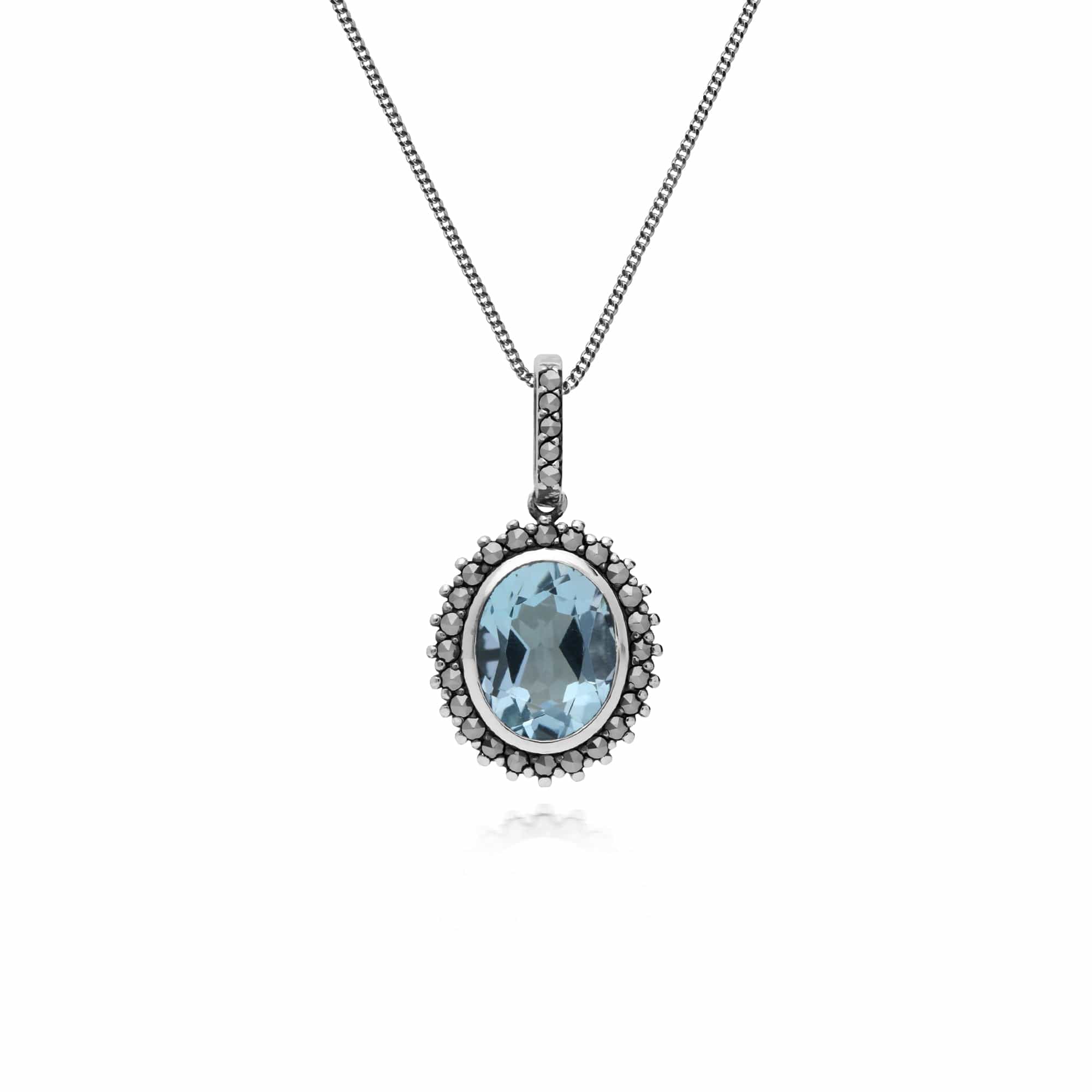 214P301401925 Art Deco Style Oval Blue Topaz & Marcasite Halo Pendant in 925 Sterling Silver 1