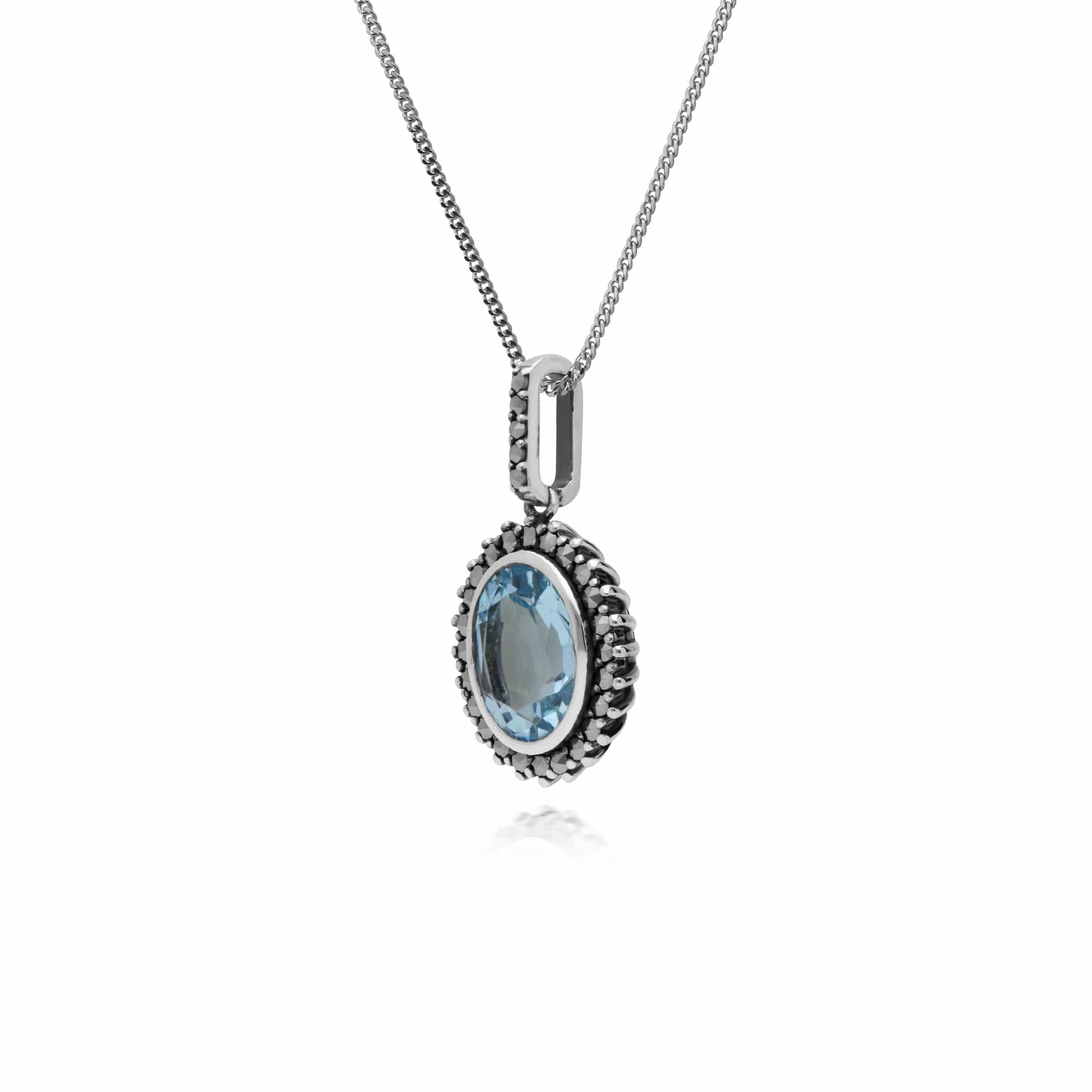 214P301401925 Art Deco Style Oval Blue Topaz & Marcasite Halo Pendant in 925 Sterling Silver 2