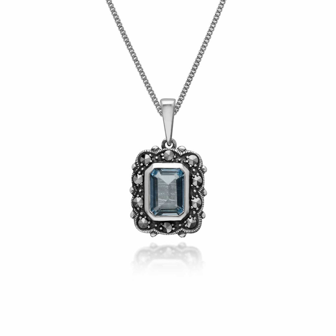 214P302701925 Art Deco Style Octagon Blue Topaz & Marcasite Pendant in 925 Sterling Silver 1