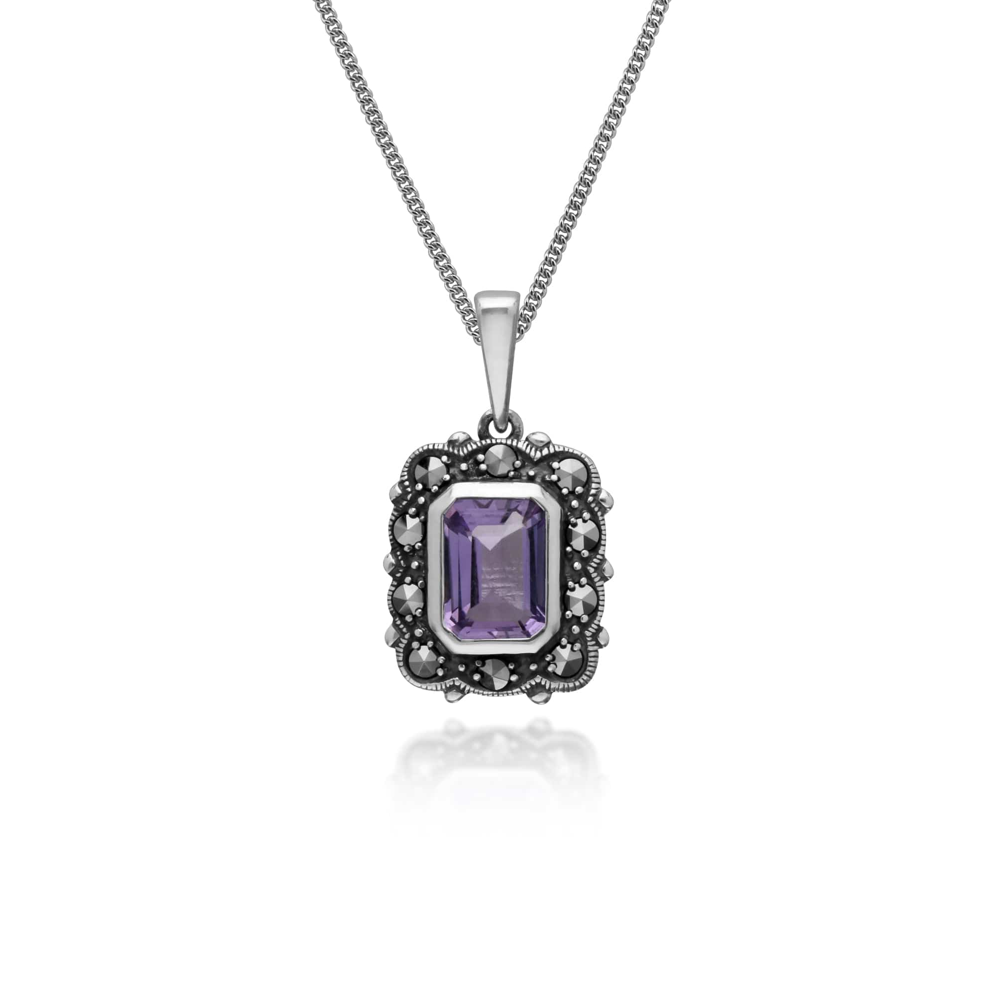 214P302702925 Art Deco Style Octagon Amethyst & Marcasite Pendant in 925 Sterling Silver 1