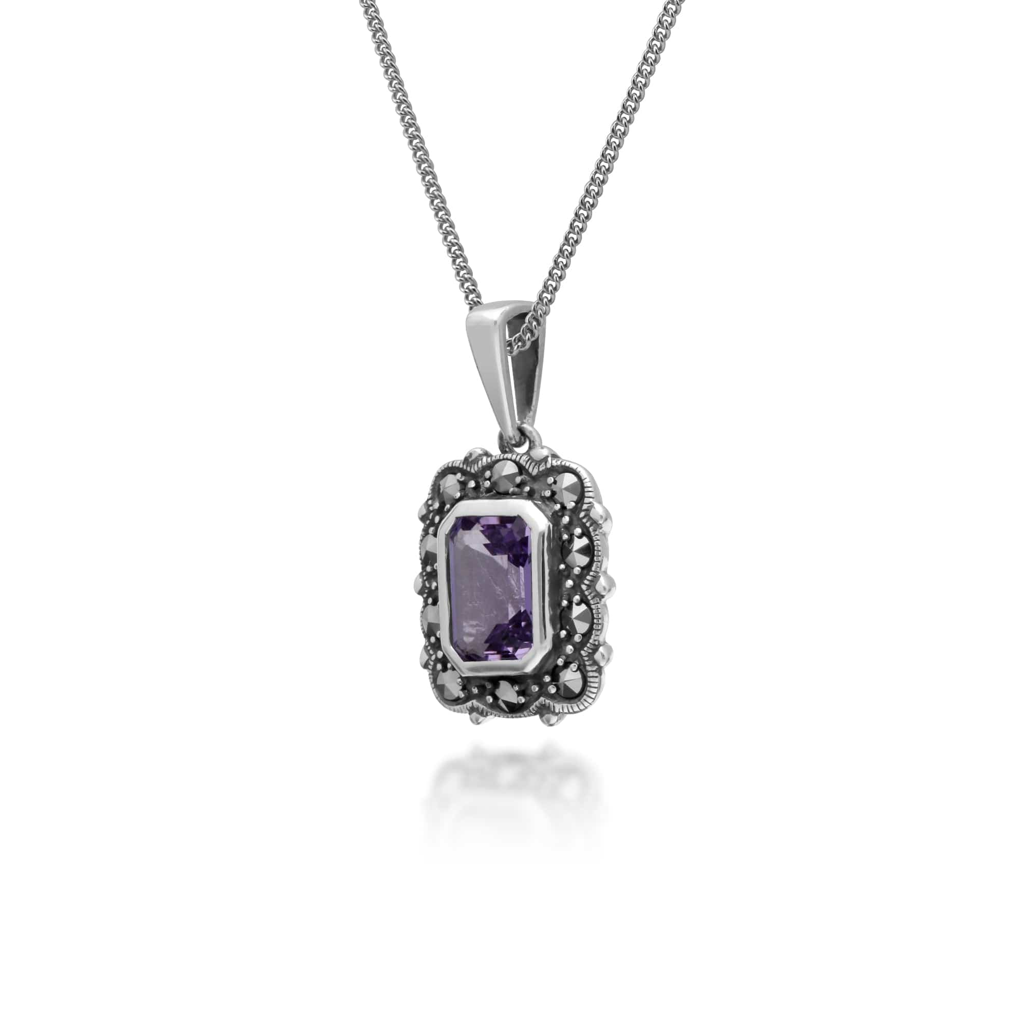 214P302702925 Art Deco Style Octagon Amethyst & Marcasite Pendant in 925 Sterling Silver 2