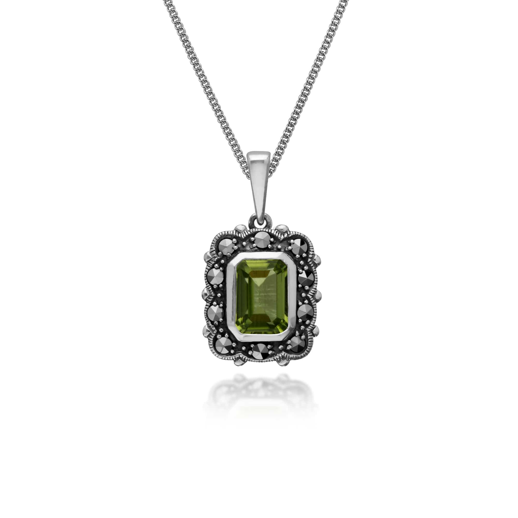 214P302703925 Art Deco Style Octagon Peridot & Marcasite Pendant in 925 Sterling Silver 1