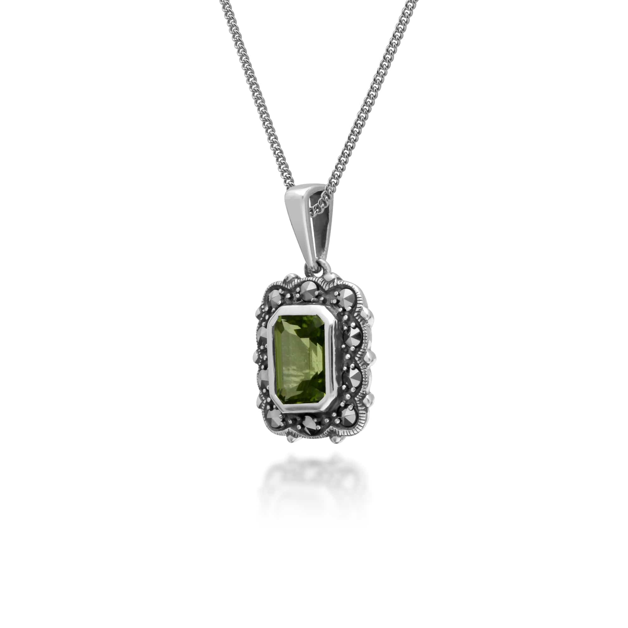 214P302703925 Art Deco Style Octagon Peridot & Marcasite Pendant in 925 Sterling Silver 2