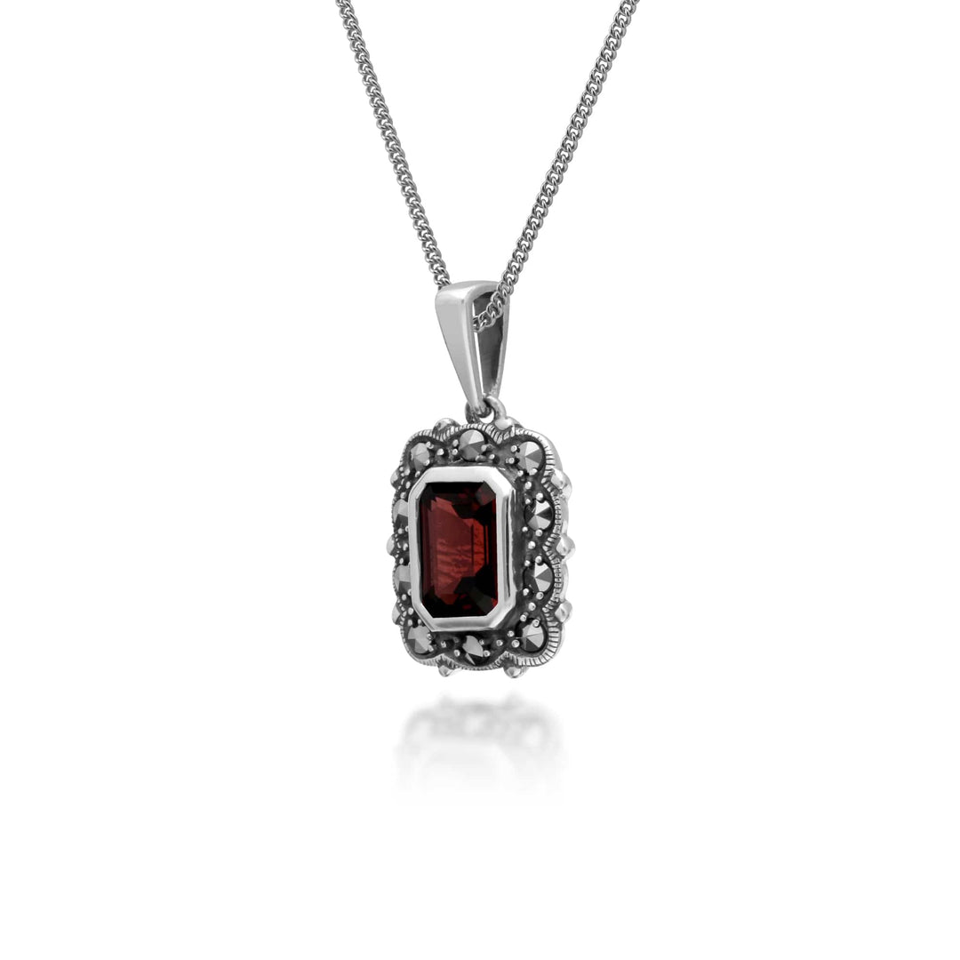 214P302704925 Art Deco Style Octagon Garnet & Marcasite Pendant in 925 Sterling Silver 2