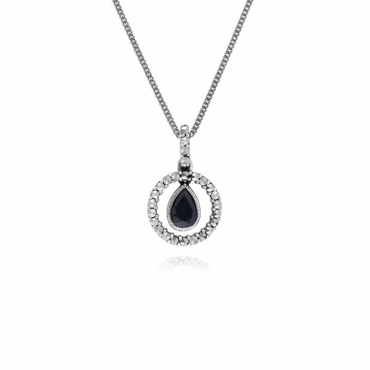 214P303202925 Classic Pear Sapphire & Marcasite Halo Pendant in 925 Sterling Silver 1