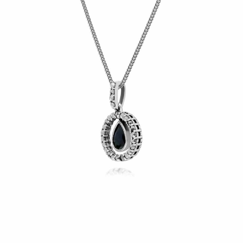 214P303202925 Classic Pear Sapphire & Marcasite Halo Pendant in 925 Sterling Silver 2
