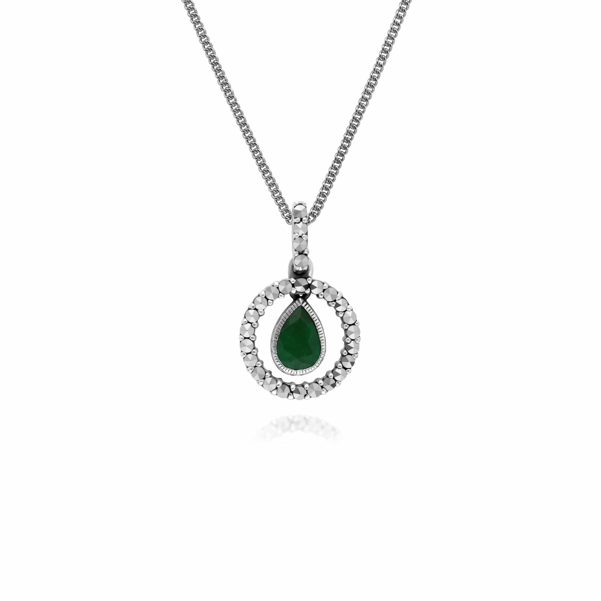 214P303203925 Classic Pear Emerald & Marcasite Halo Pendant in 925 Sterling Silver 1