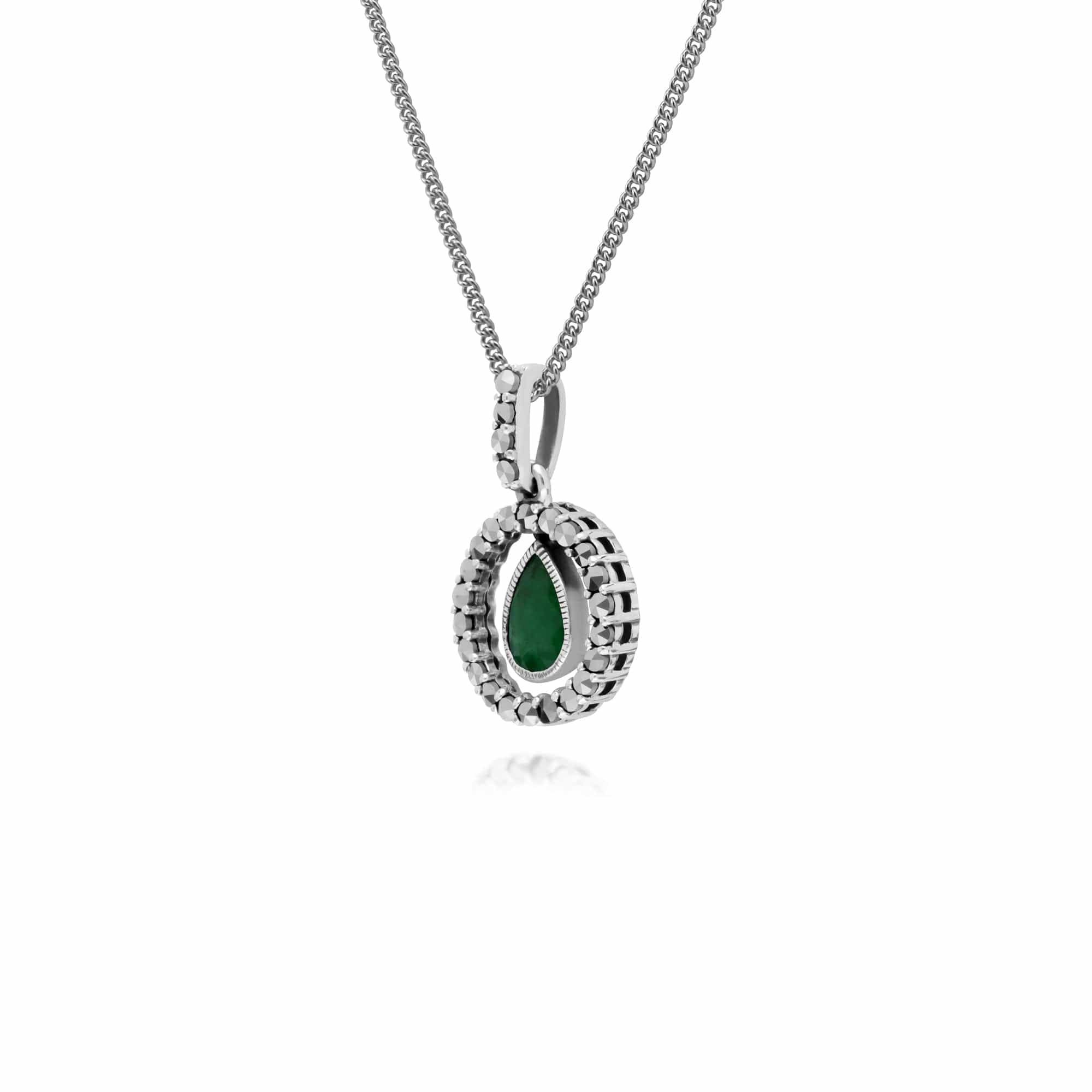 214P303203925 Classic Pear Emerald & Marcasite Halo Pendant in 925 Sterling Silver 2
