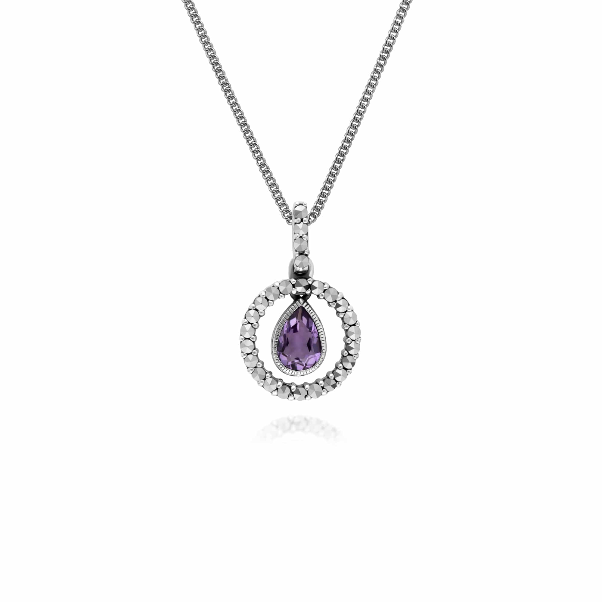 Classic Pear Amethyst & Marcasite Halo Pendant in 925 Sterling Silver