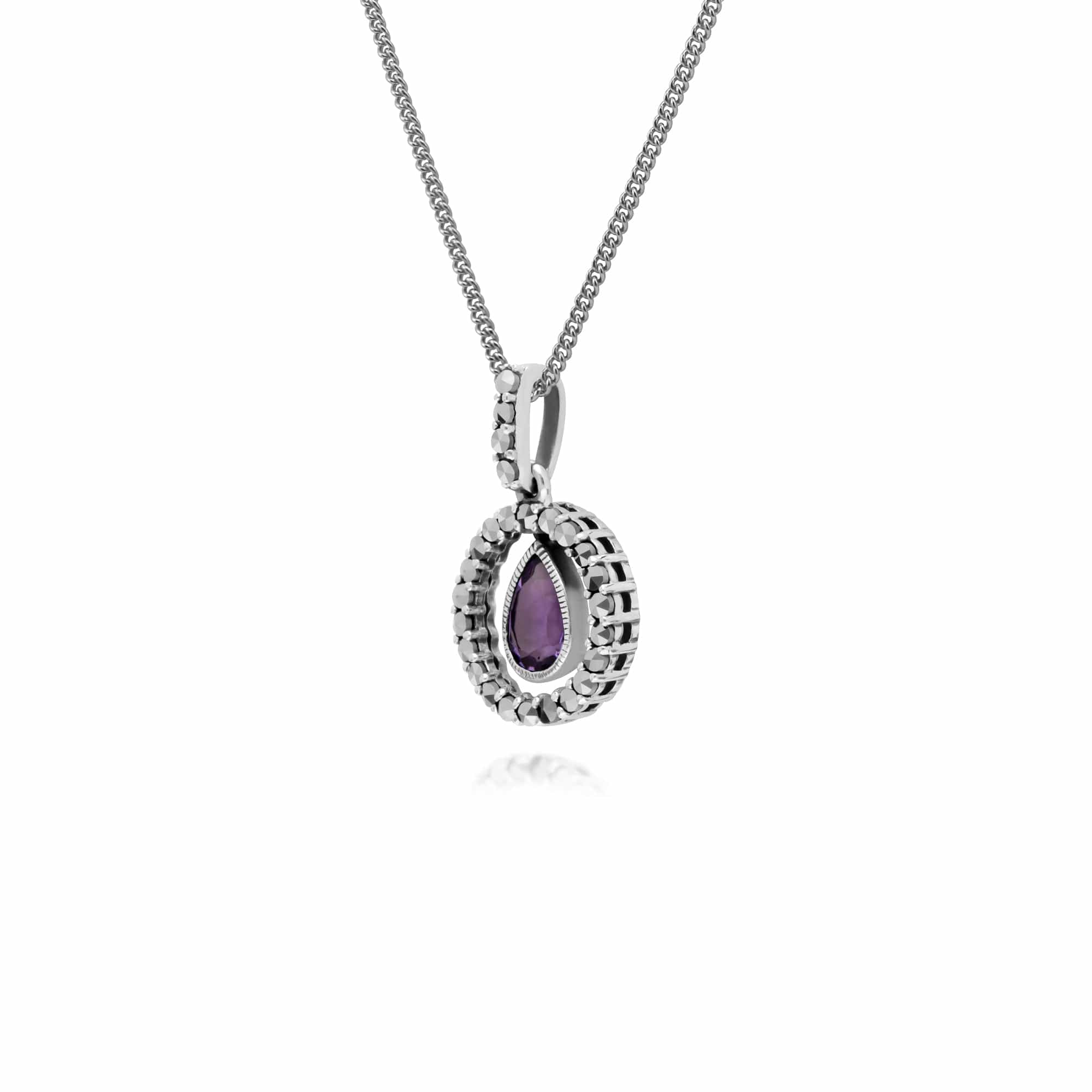 Classic Pear Amethyst & Marcasite Halo Pendant in 925 Sterling Silver 1