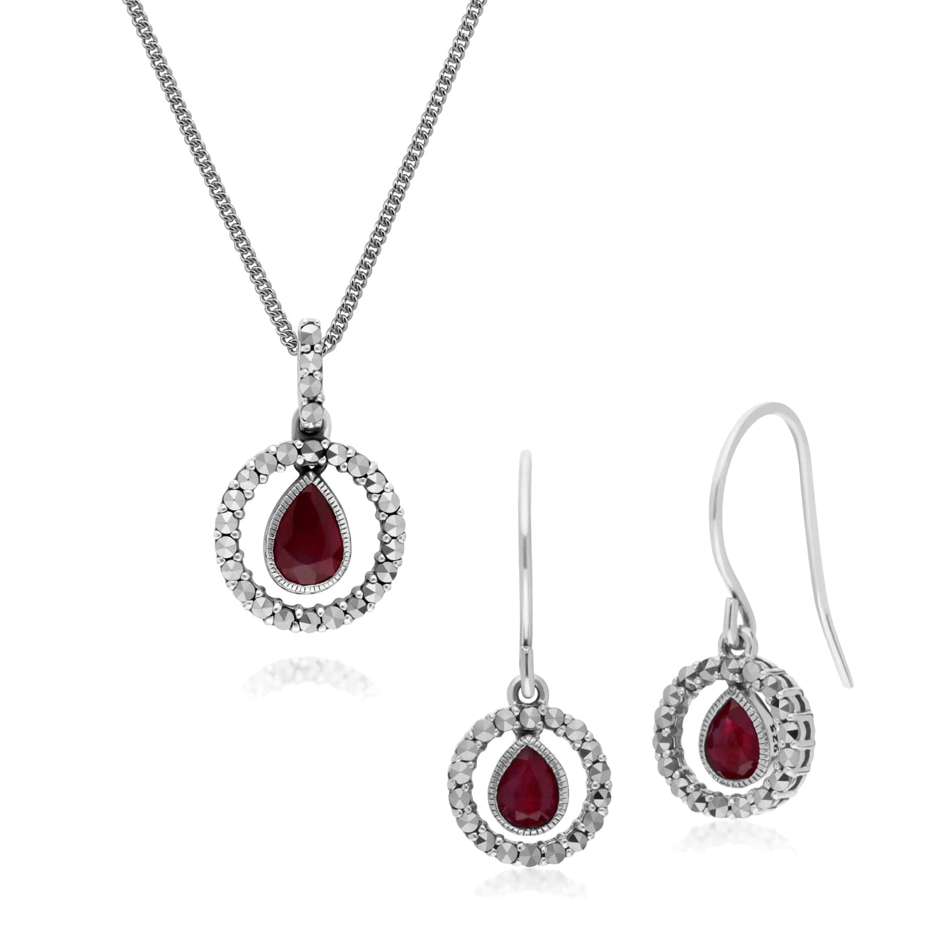 214E872801925-214P303201925 Classic Tear Drop Ruby & Marcasite Drop Earrings & 45cm Necklace Set 1
