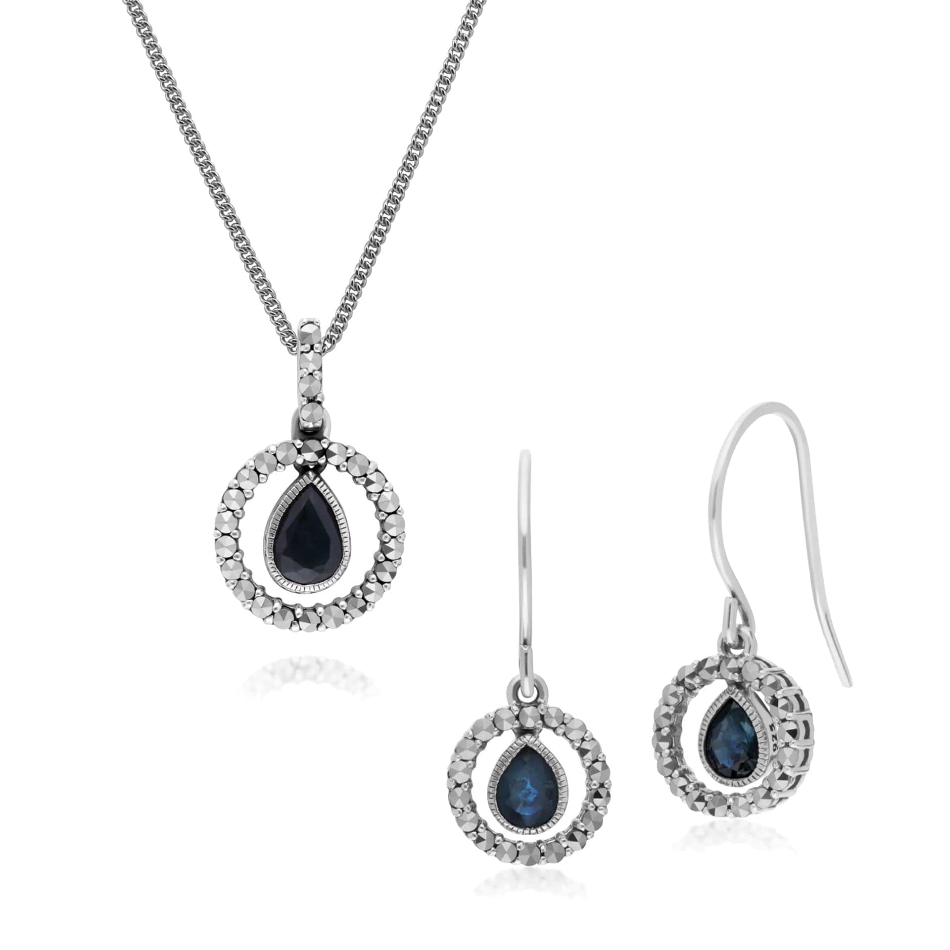 214E872802925-214P303202925 Classic Tear Drop Sapphire & Marcasite Drop Earrings & 45cm Necklace Set 1