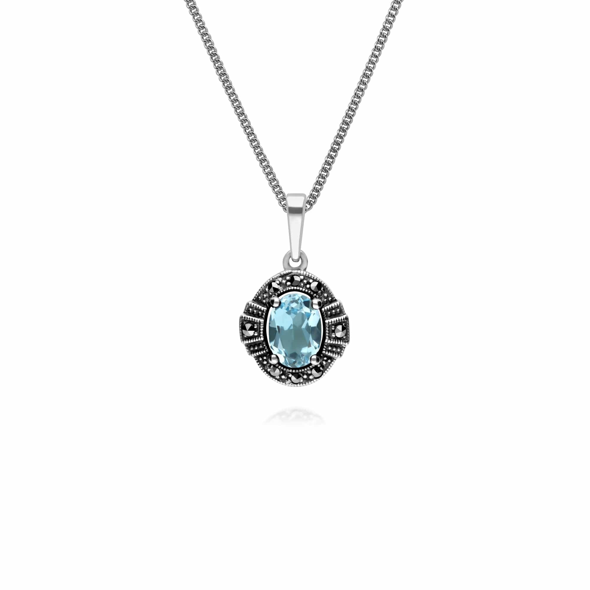 214P303301925 Art Deco Style Oval Blue Topaz & Marcasite Halo Pendant in 925 Sterling Silver 1