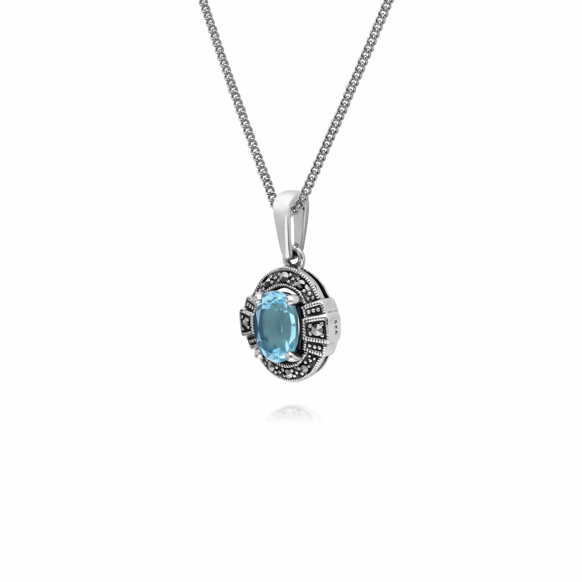 214P303301925 Art Deco Style Oval Blue Topaz & Marcasite Halo Pendant in 925 Sterling Silver 2