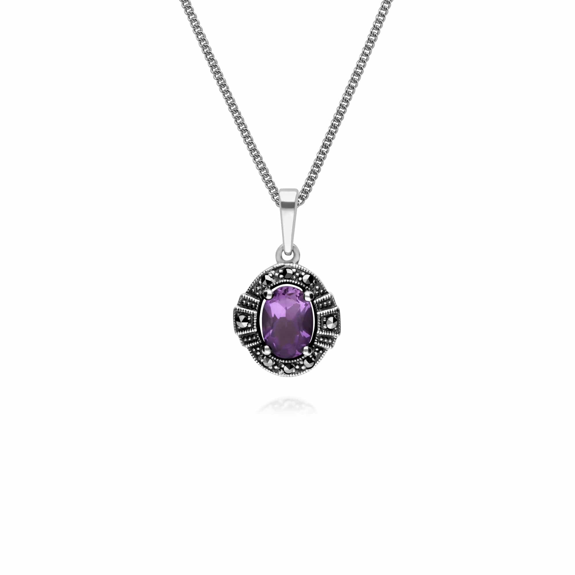 214P303302925 Art Deco Style Oval Amethyst & Marcasite Halo Pendant in 925 Sterling Silver 1
